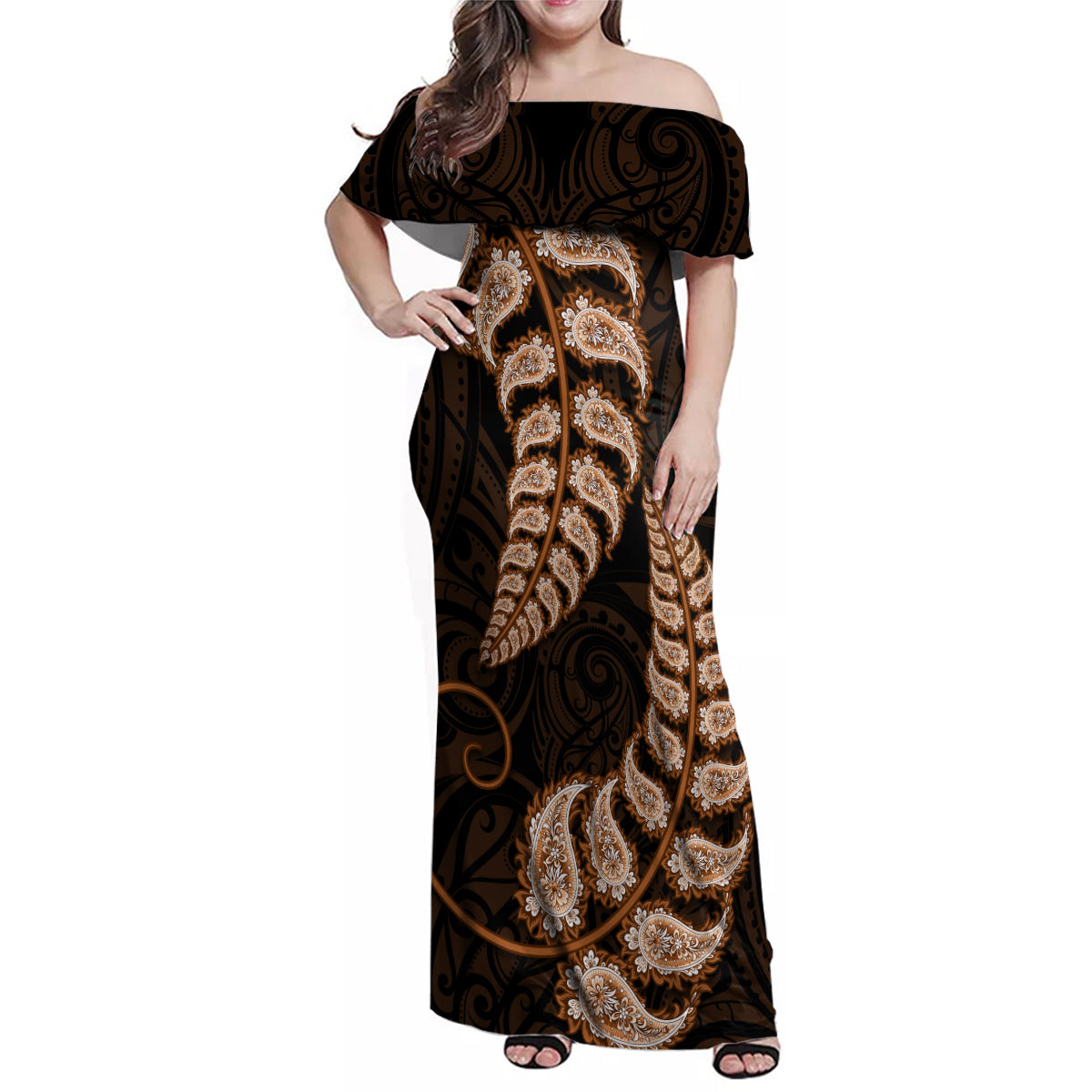 brown-new-zealand-paisley-silver-fern-family-matching-off-shoulder-maxi-dress-and-hawaiian-shirt-aotearoa-maori