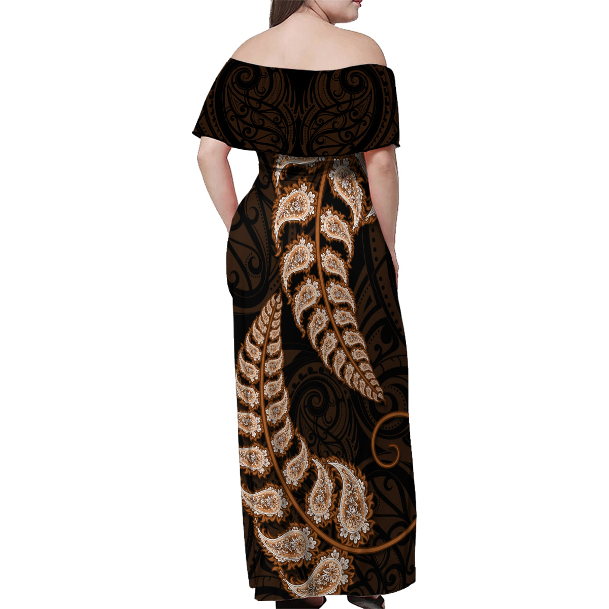 brown-new-zealand-paisley-silver-fern-family-matching-off-shoulder-maxi-dress-and-hawaiian-shirt-aotearoa-maori