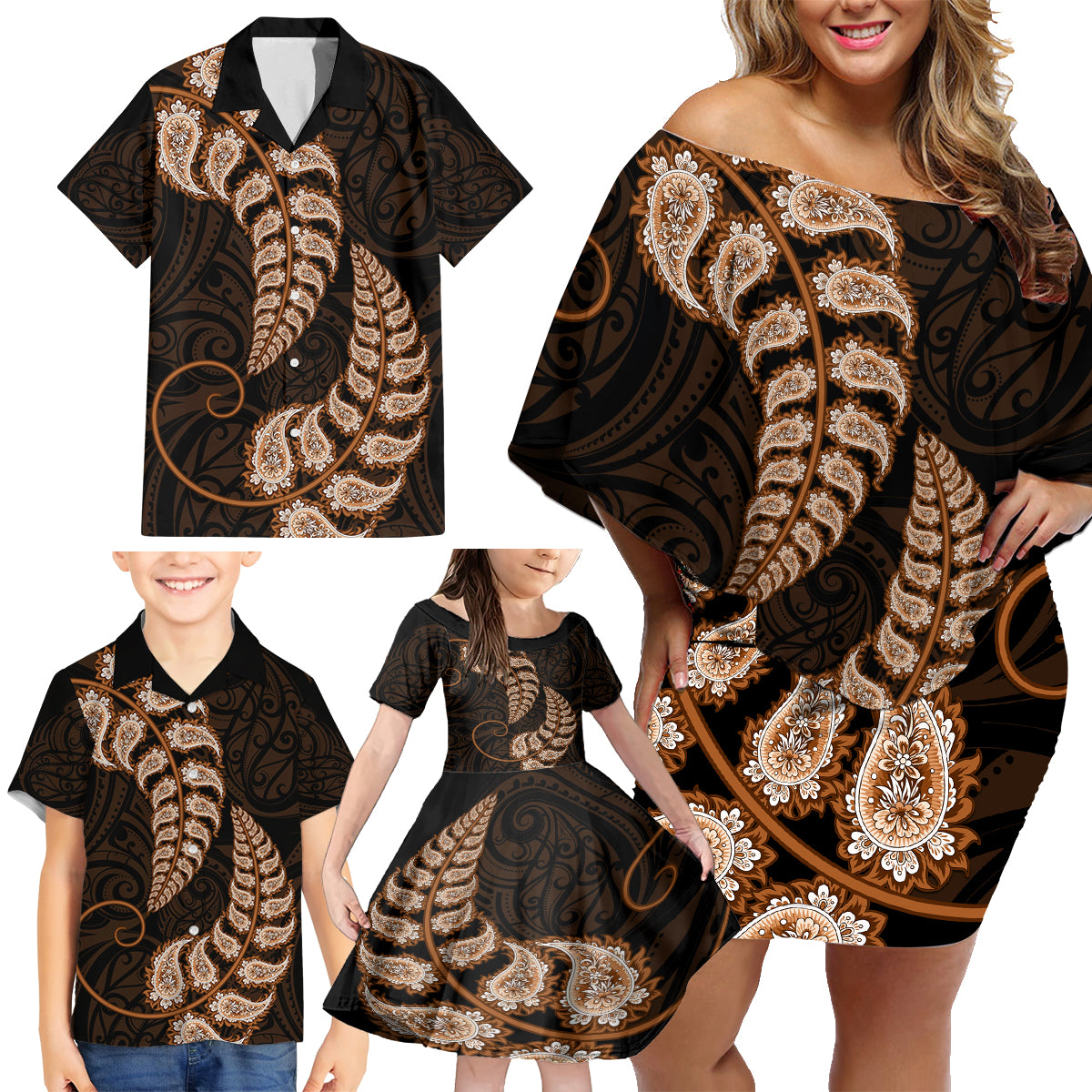 brown-new-zealand-paisley-silver-fern-family-matching-off-shoulder-short-dress-and-hawaiian-shirt-aotearoa-maori