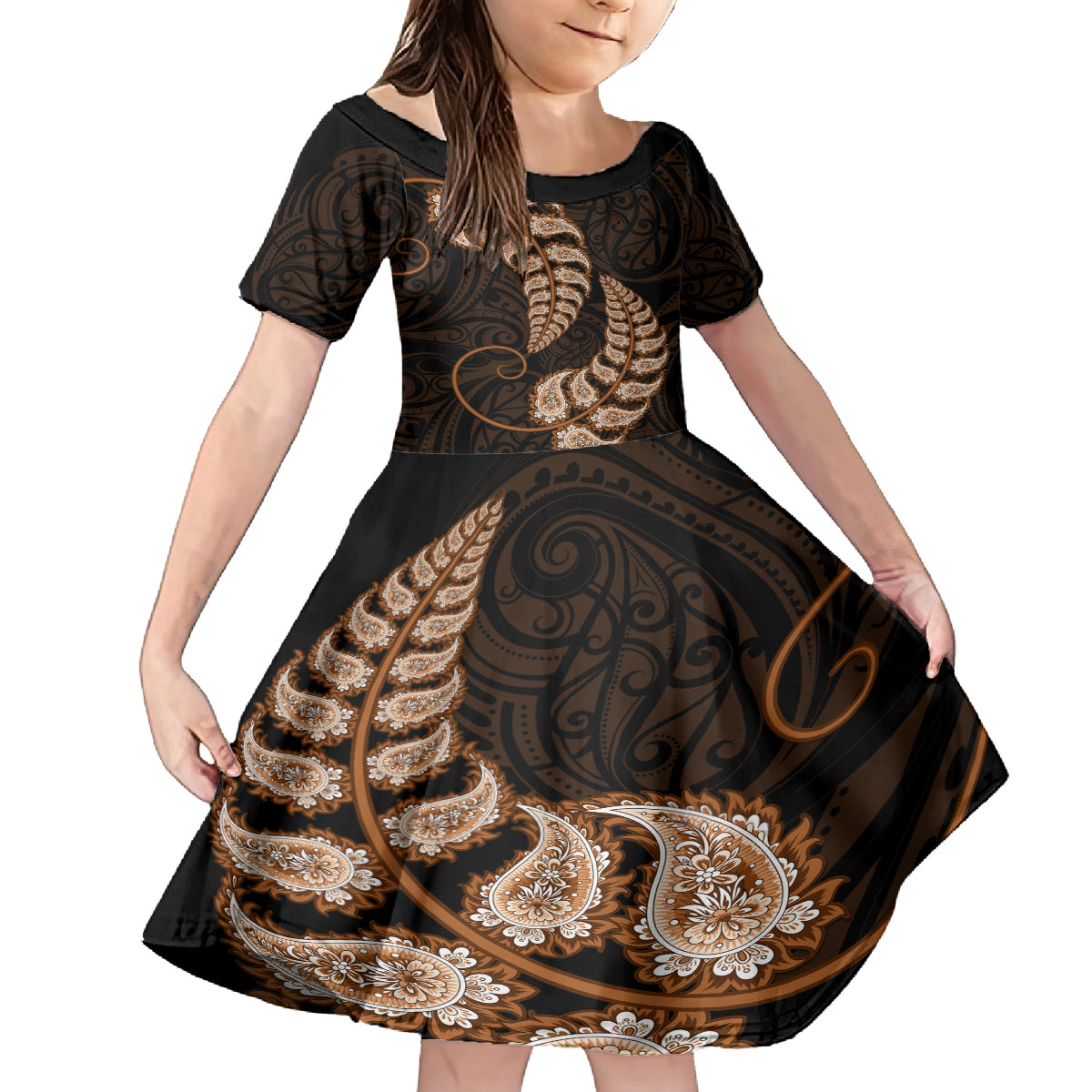 brown-new-zealand-paisley-silver-fern-family-matching-off-shoulder-short-dress-and-hawaiian-shirt-aotearoa-maori