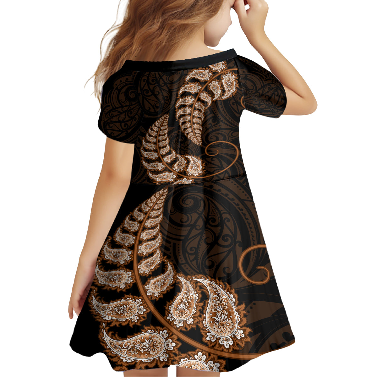 brown-new-zealand-paisley-silver-fern-family-matching-off-shoulder-short-dress-and-hawaiian-shirt-aotearoa-maori