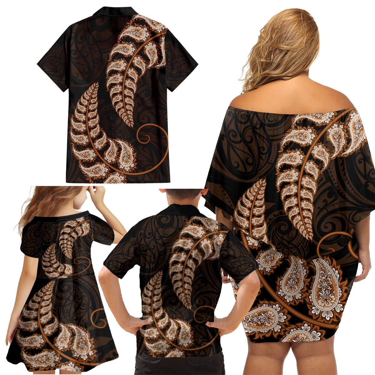 brown-new-zealand-paisley-silver-fern-family-matching-off-shoulder-short-dress-and-hawaiian-shirt-aotearoa-maori