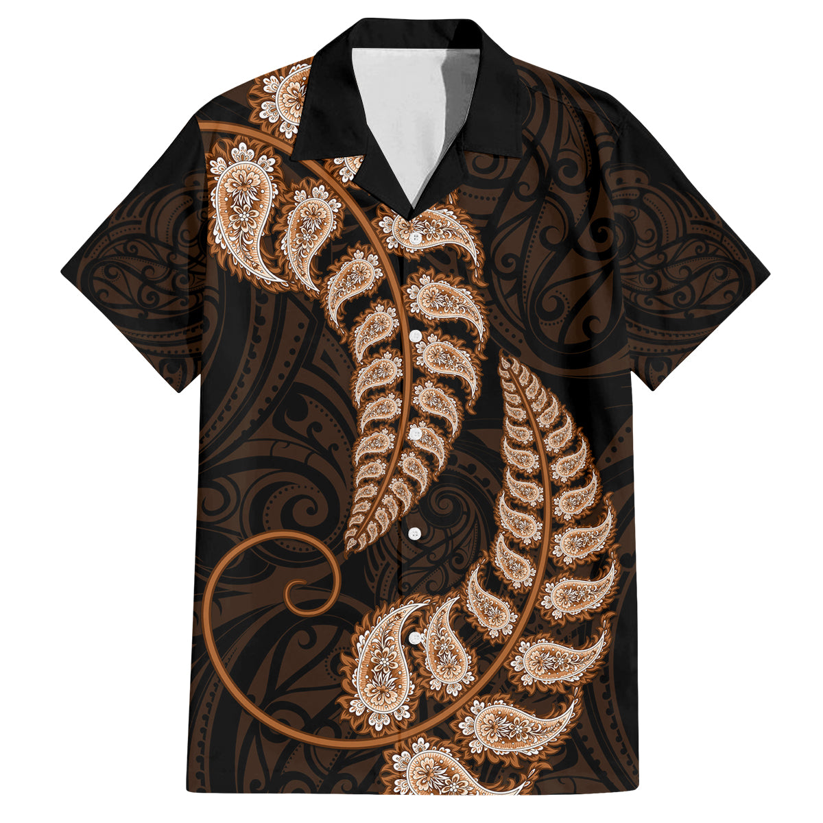 brown-new-zealand-paisley-silver-fern-family-matching-off-shoulder-short-dress-and-hawaiian-shirt-aotearoa-maori