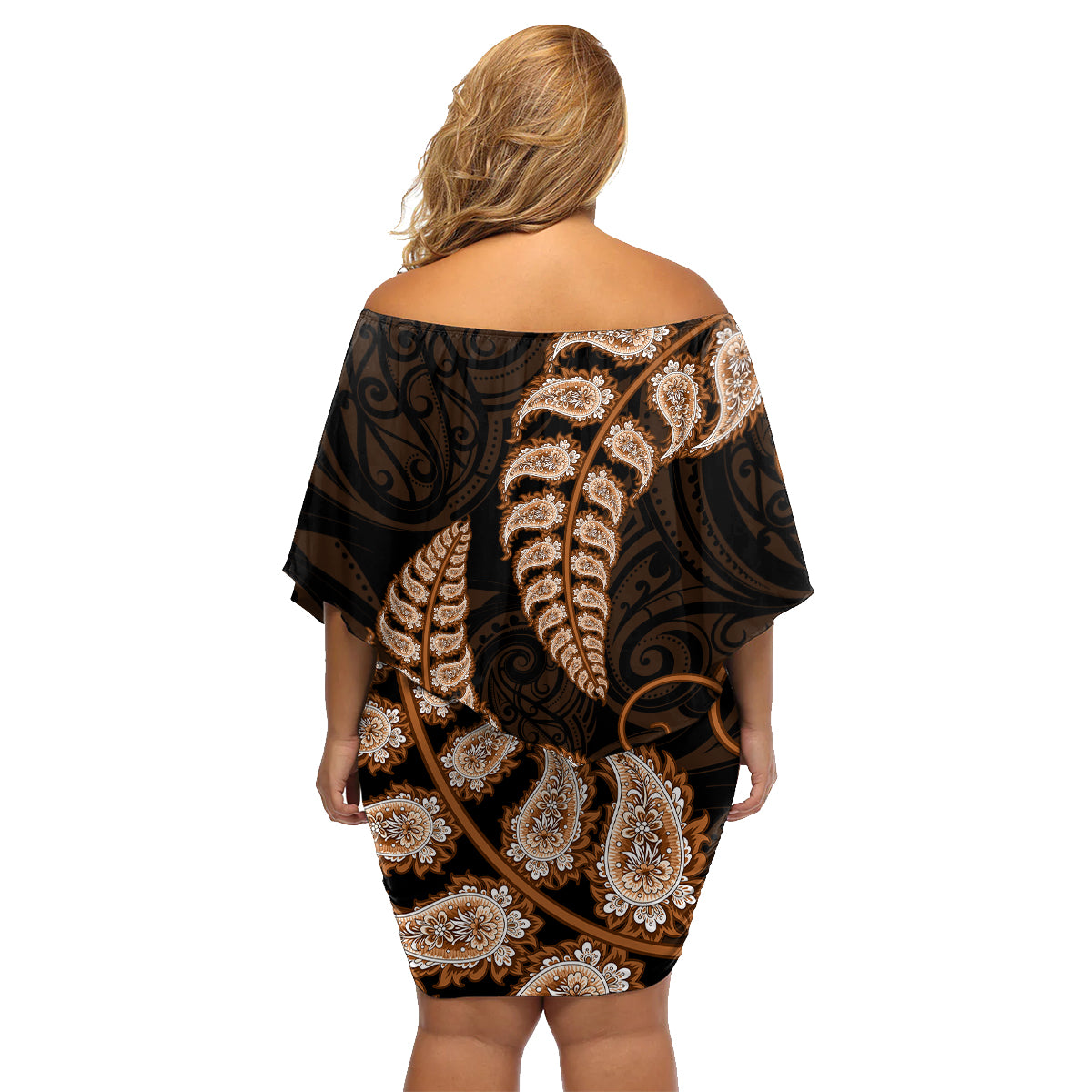 brown-new-zealand-paisley-silver-fern-family-matching-off-shoulder-short-dress-and-hawaiian-shirt-aotearoa-maori