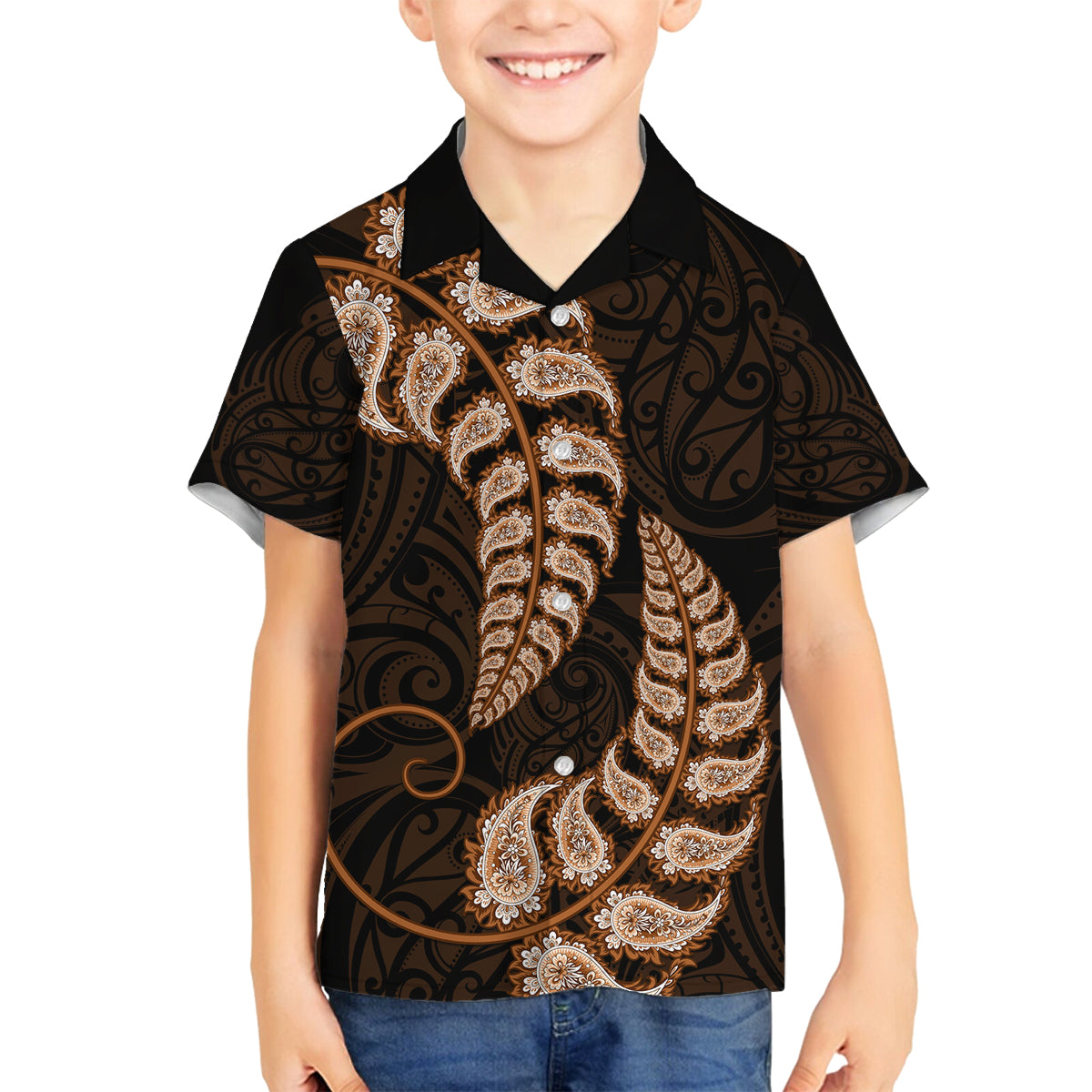 brown-new-zealand-paisley-silver-fern-family-matching-off-shoulder-short-dress-and-hawaiian-shirt-aotearoa-maori