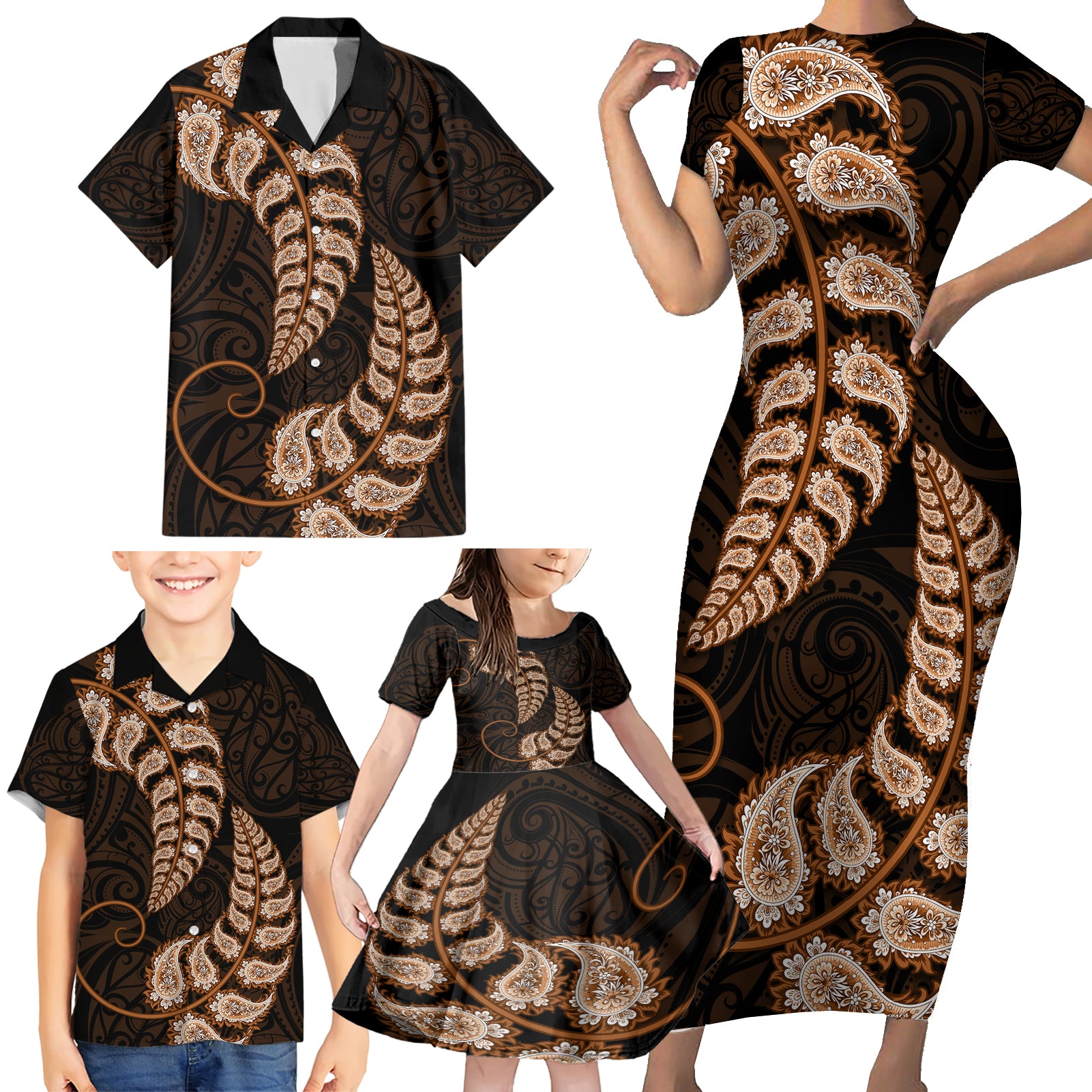 brown-new-zealand-paisley-silver-fern-family-matching-short-sleeve-bodycon-dress-and-hawaiian-shirt-aotearoa-maori