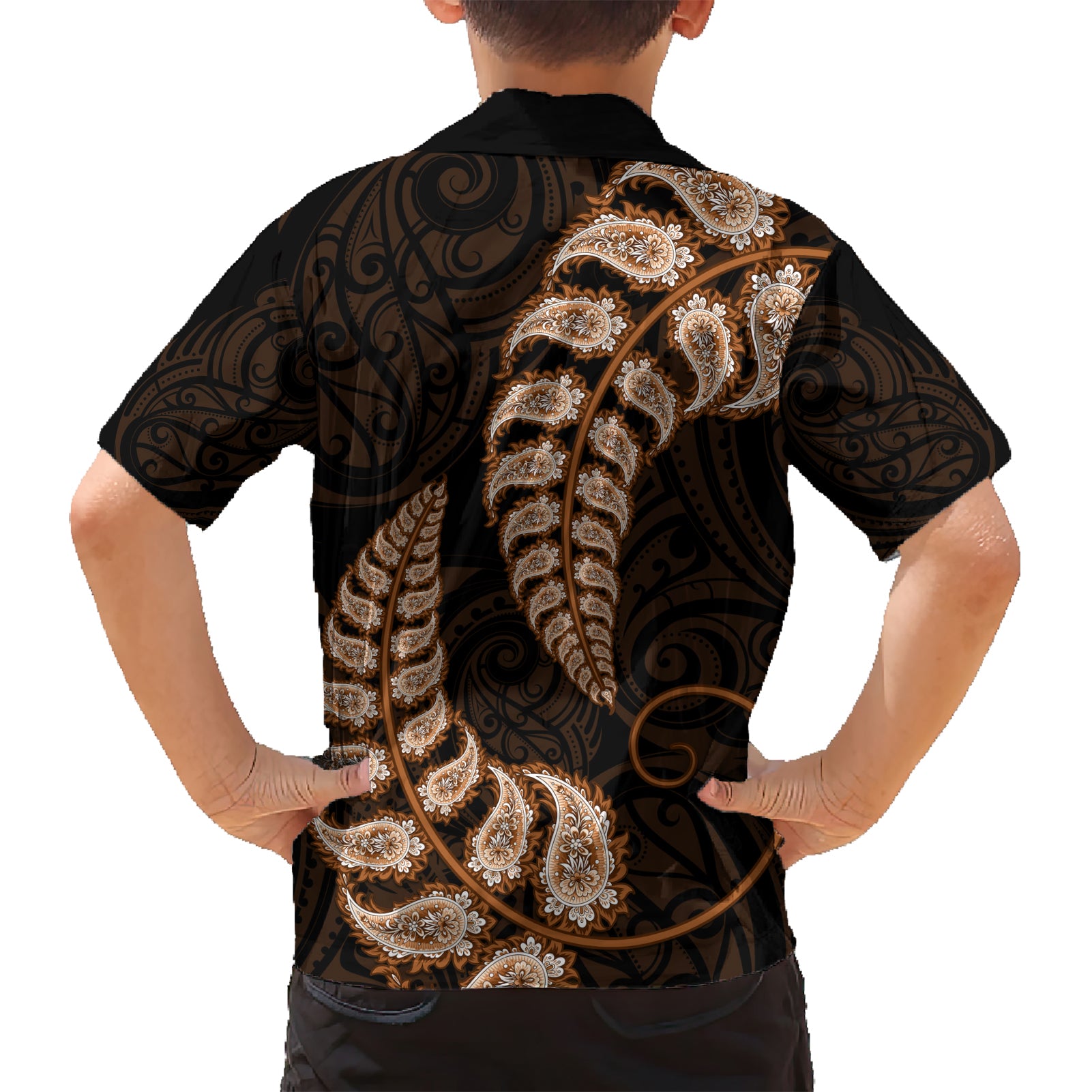 brown-new-zealand-paisley-silver-fern-family-matching-short-sleeve-bodycon-dress-and-hawaiian-shirt-aotearoa-maori