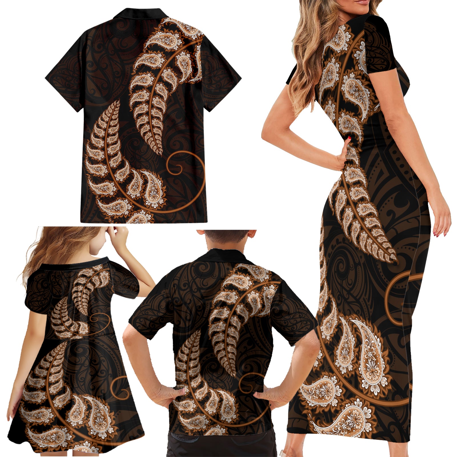 brown-new-zealand-paisley-silver-fern-family-matching-short-sleeve-bodycon-dress-and-hawaiian-shirt-aotearoa-maori