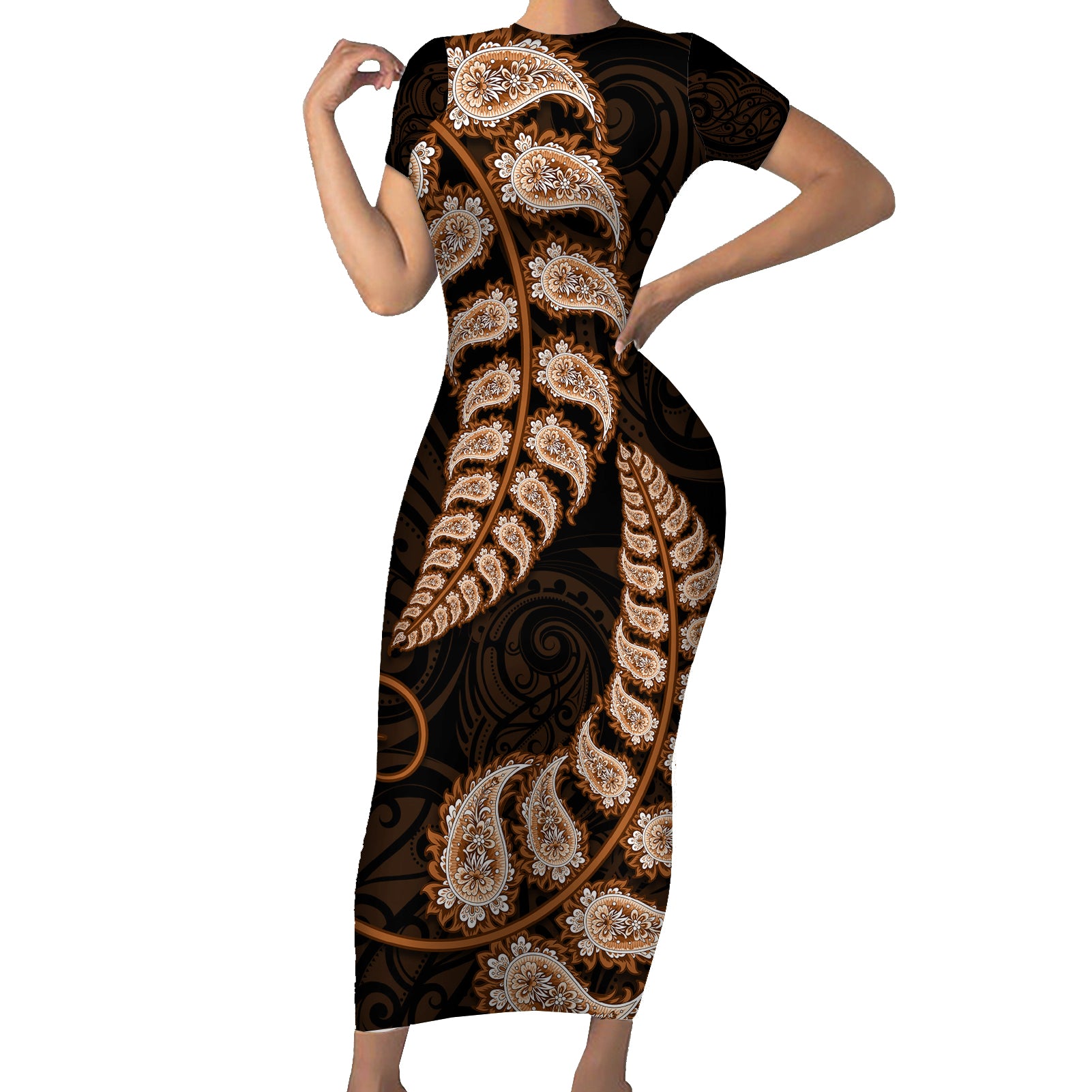 brown-new-zealand-paisley-silver-fern-family-matching-short-sleeve-bodycon-dress-and-hawaiian-shirt-aotearoa-maori