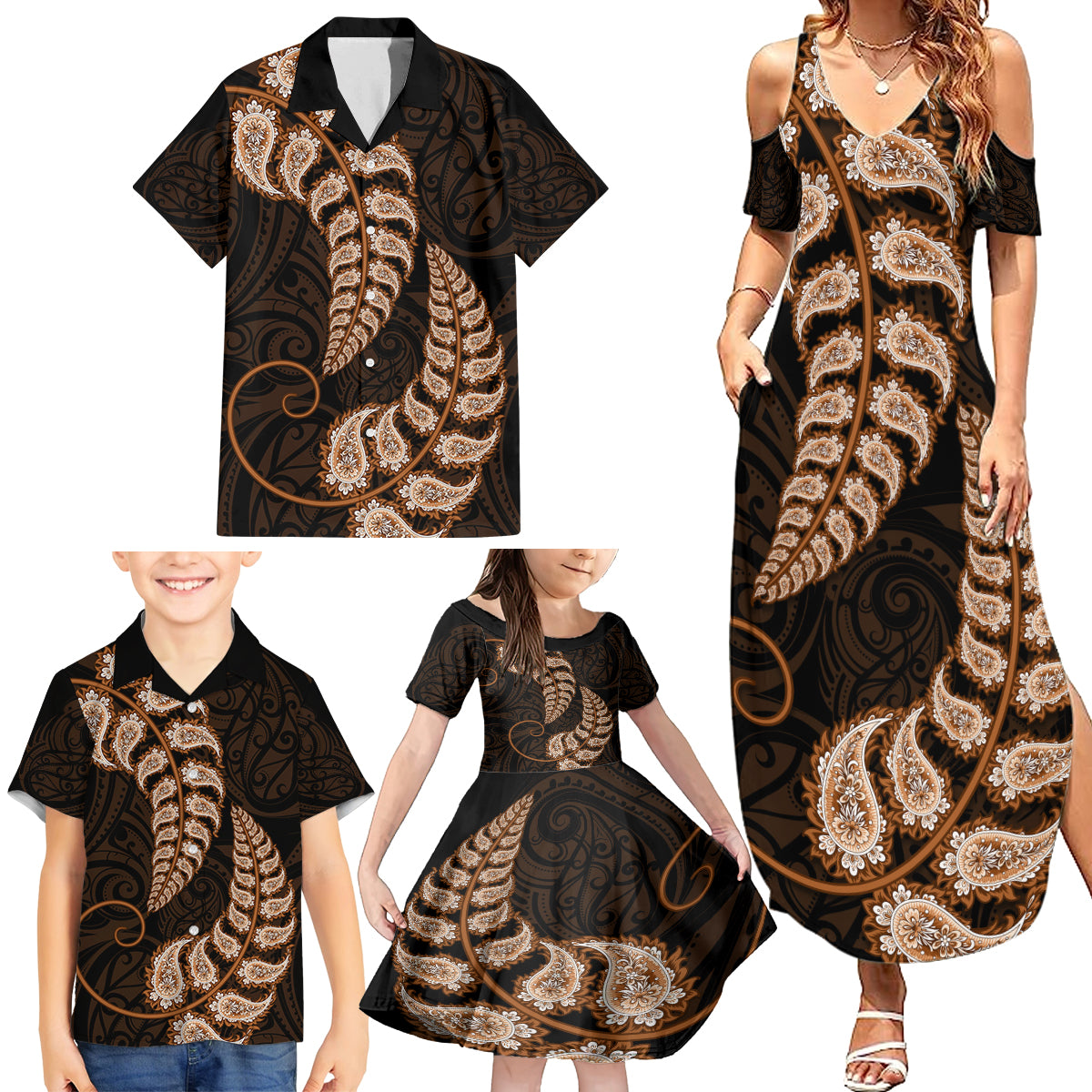 brown-new-zealand-paisley-silver-fern-family-matching-summer-maxi-dress-and-hawaiian-shirt-aotearoa-maori