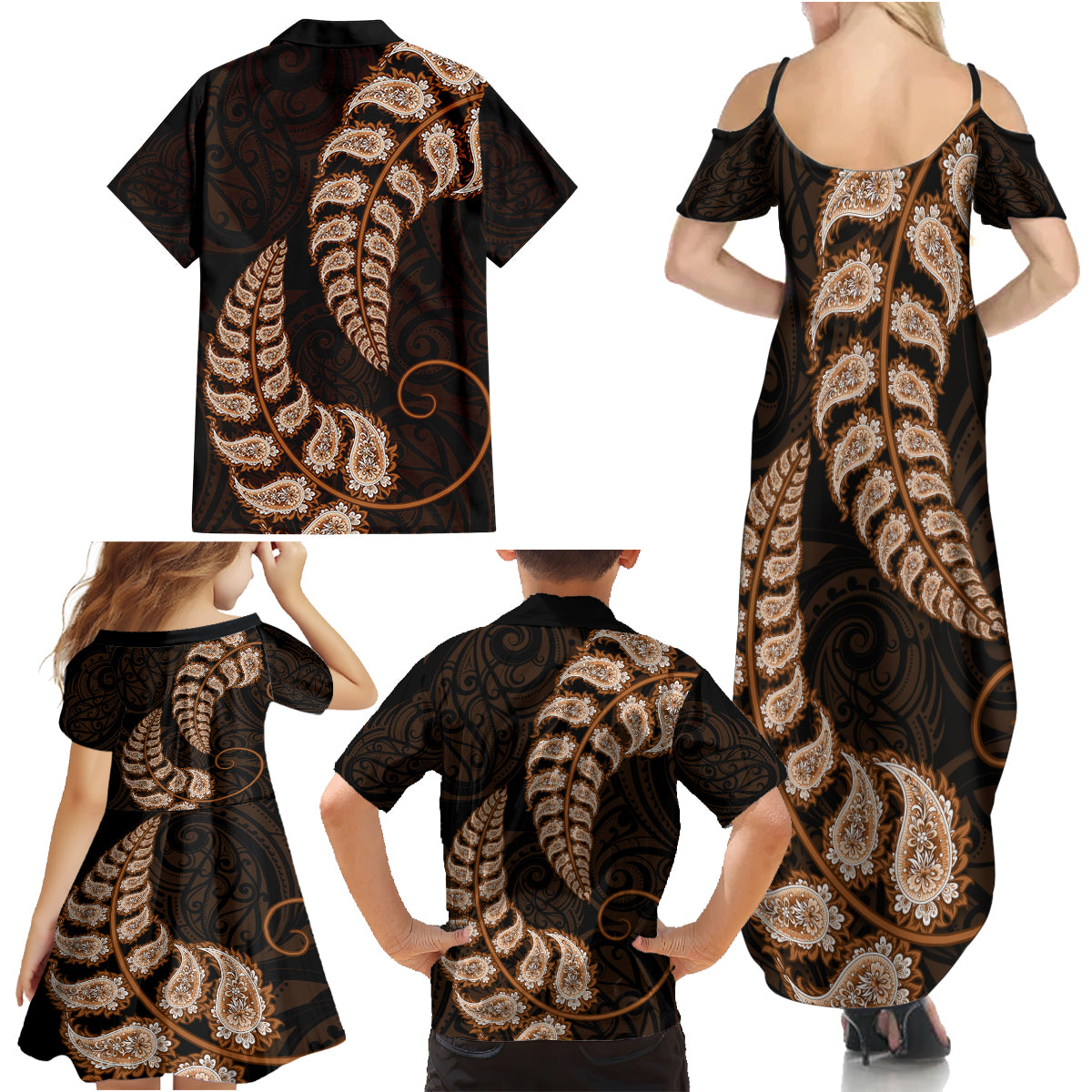 brown-new-zealand-paisley-silver-fern-family-matching-summer-maxi-dress-and-hawaiian-shirt-aotearoa-maori