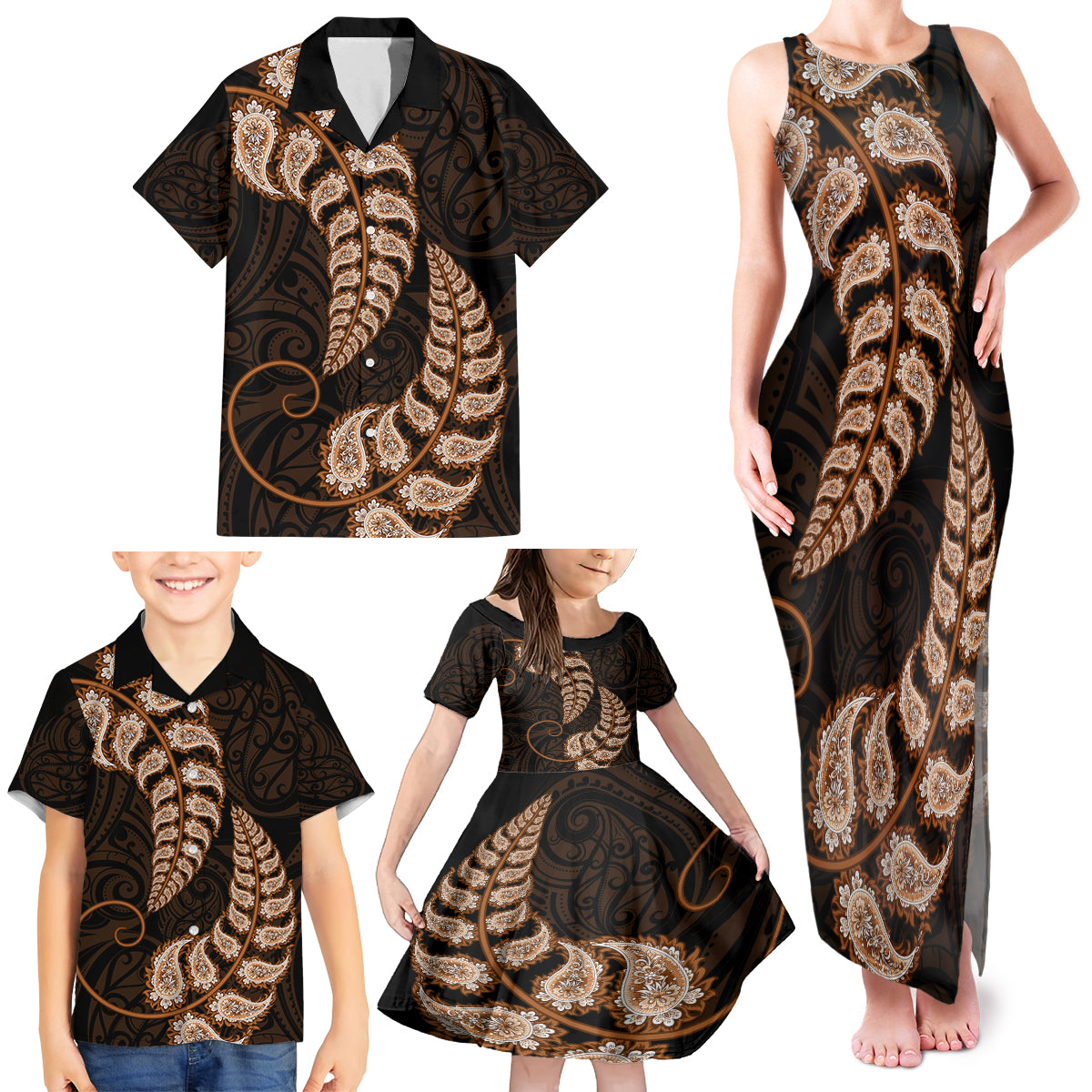 brown-new-zealand-paisley-silver-fern-family-matching-tank-maxi-dress-and-hawaiian-shirt-aotearoa-maori