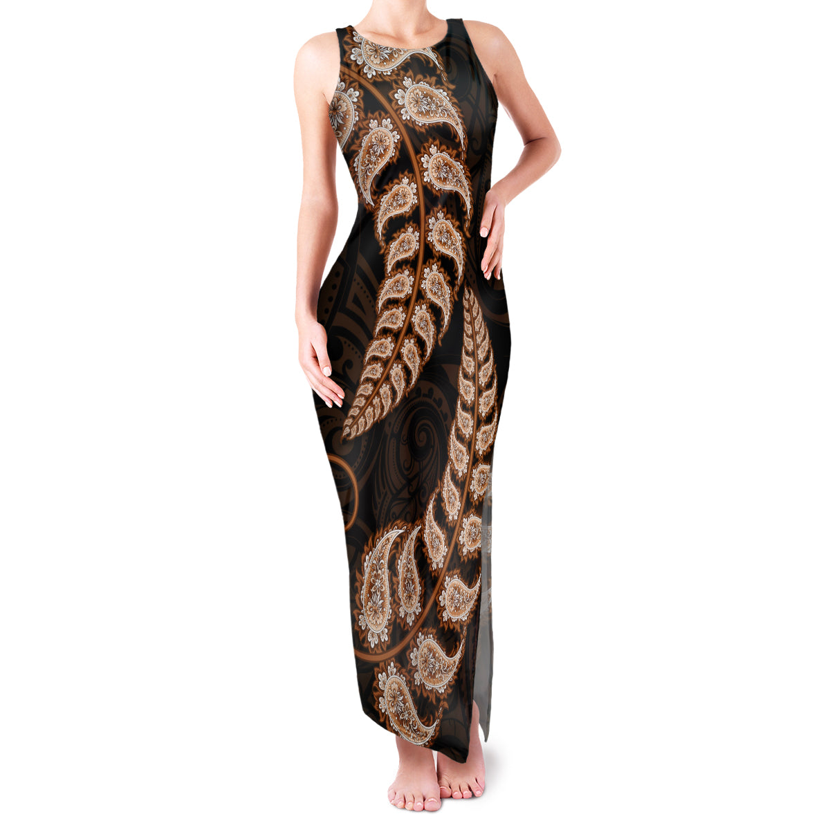 brown-new-zealand-paisley-silver-fern-family-matching-tank-maxi-dress-and-hawaiian-shirt-aotearoa-maori