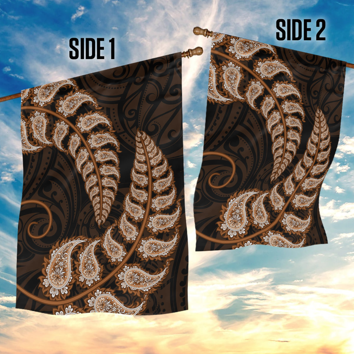 Brown New Zealand Paisley Silver Fern Garden Flag Aotearoa Maori - Vibe Hoodie Shop