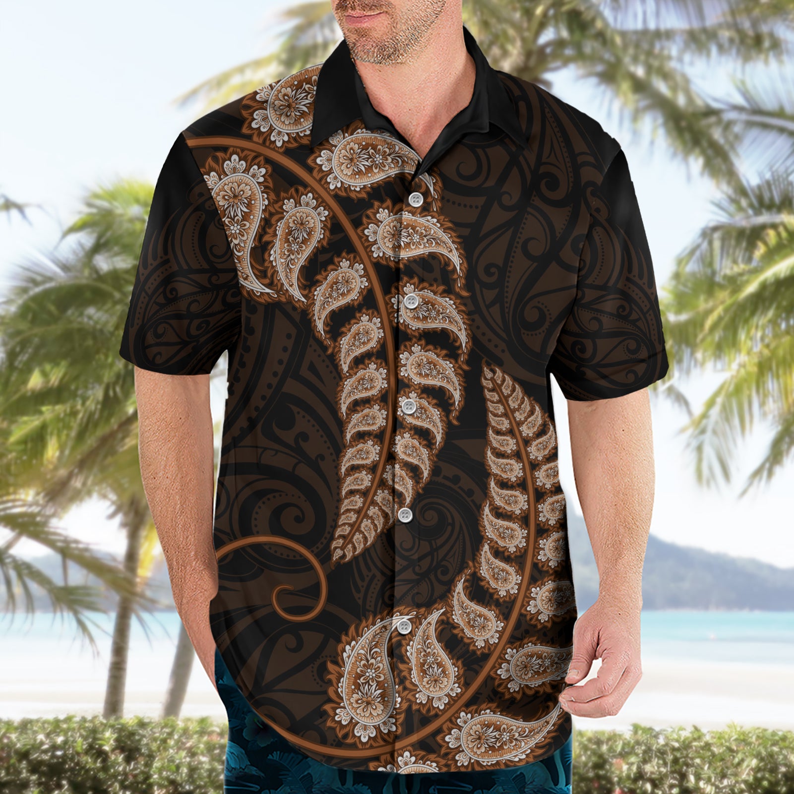 Brown New Zealand Paisley Silver Fern Hawaiian Shirt Aotearoa Maori - Vibe Hoodie Shop