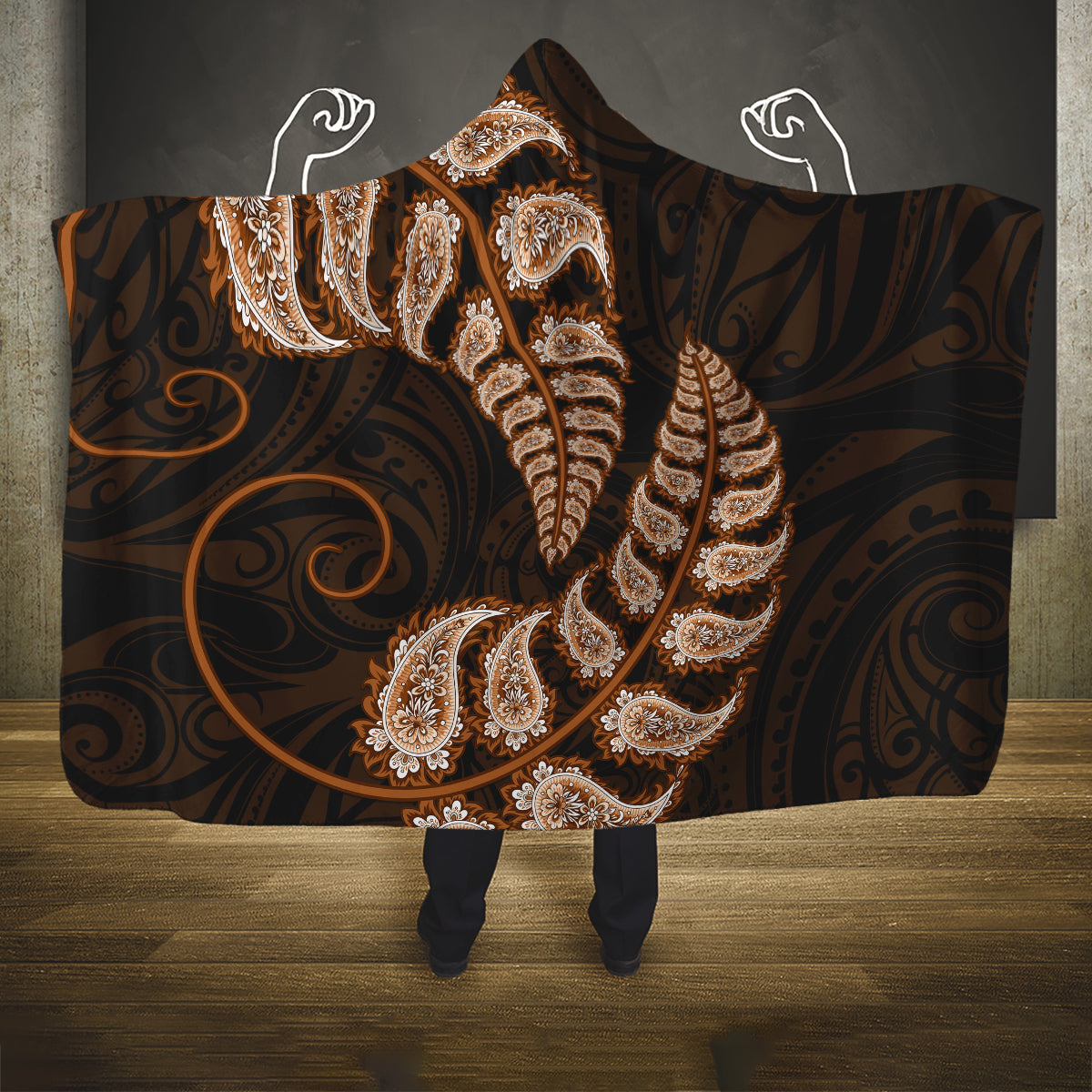 brown-new-zealand-paisley-silver-fern-hooded-blanket-aotearoa-maori