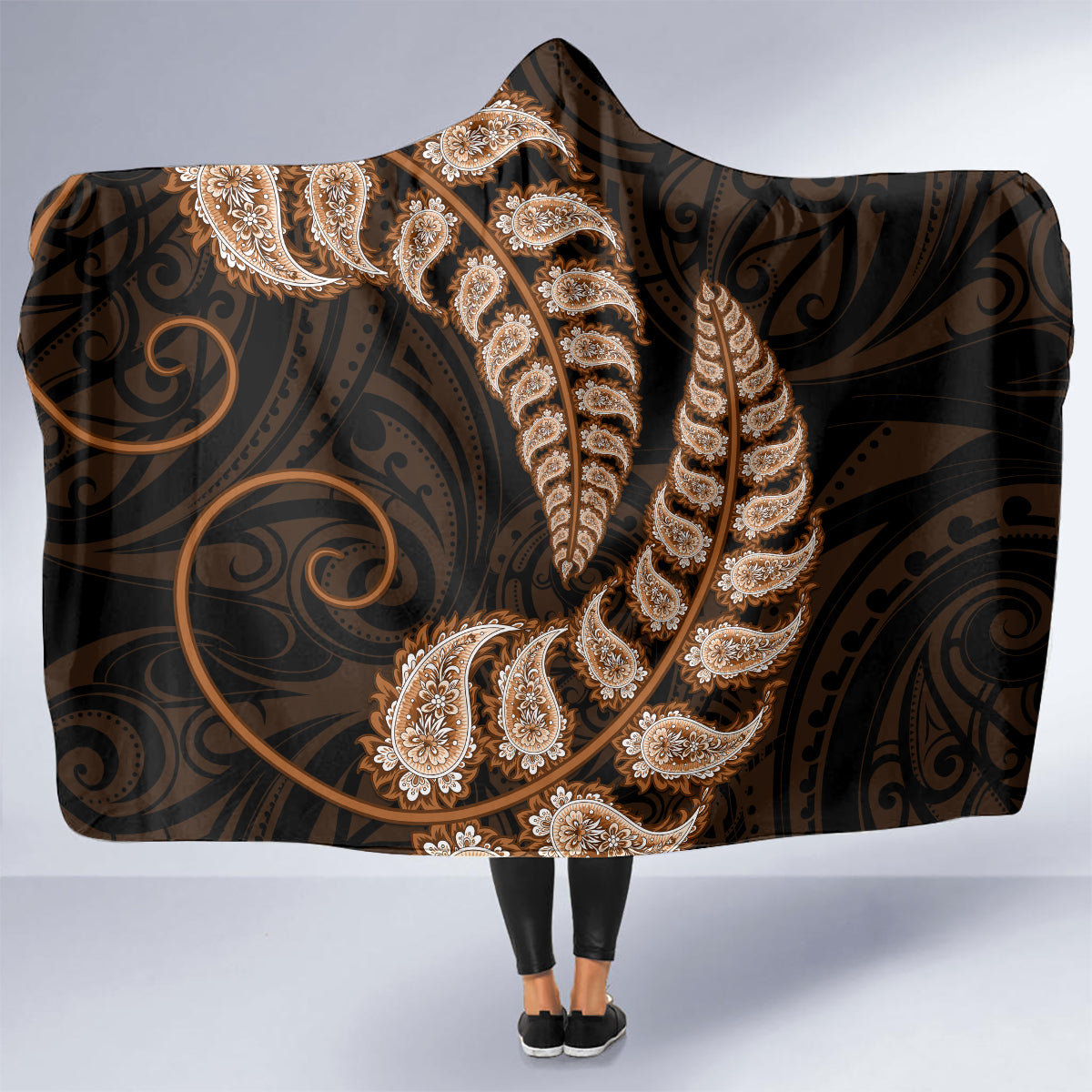 brown-new-zealand-paisley-silver-fern-hooded-blanket-aotearoa-maori