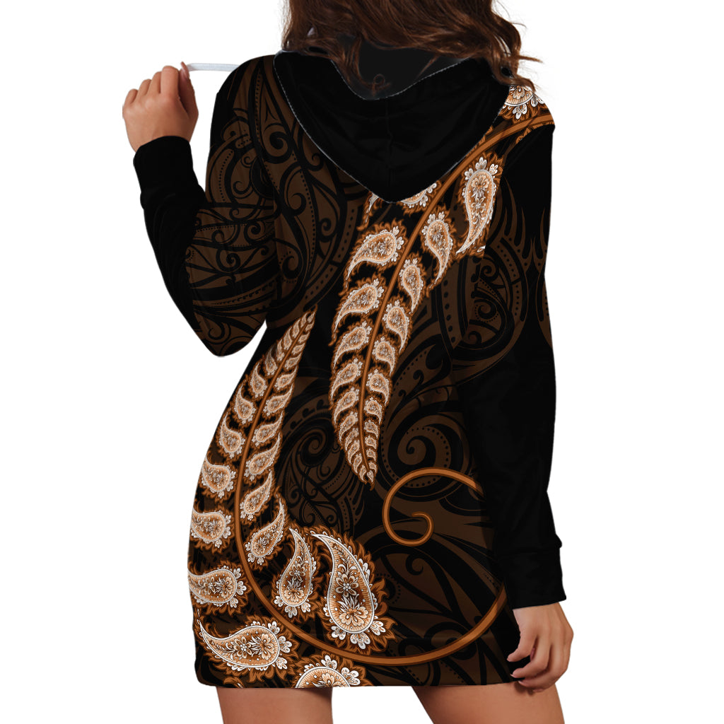 Brown New Zealand Paisley Silver Fern Hoodie Dress Aotearoa Maori - Vibe Hoodie Shop