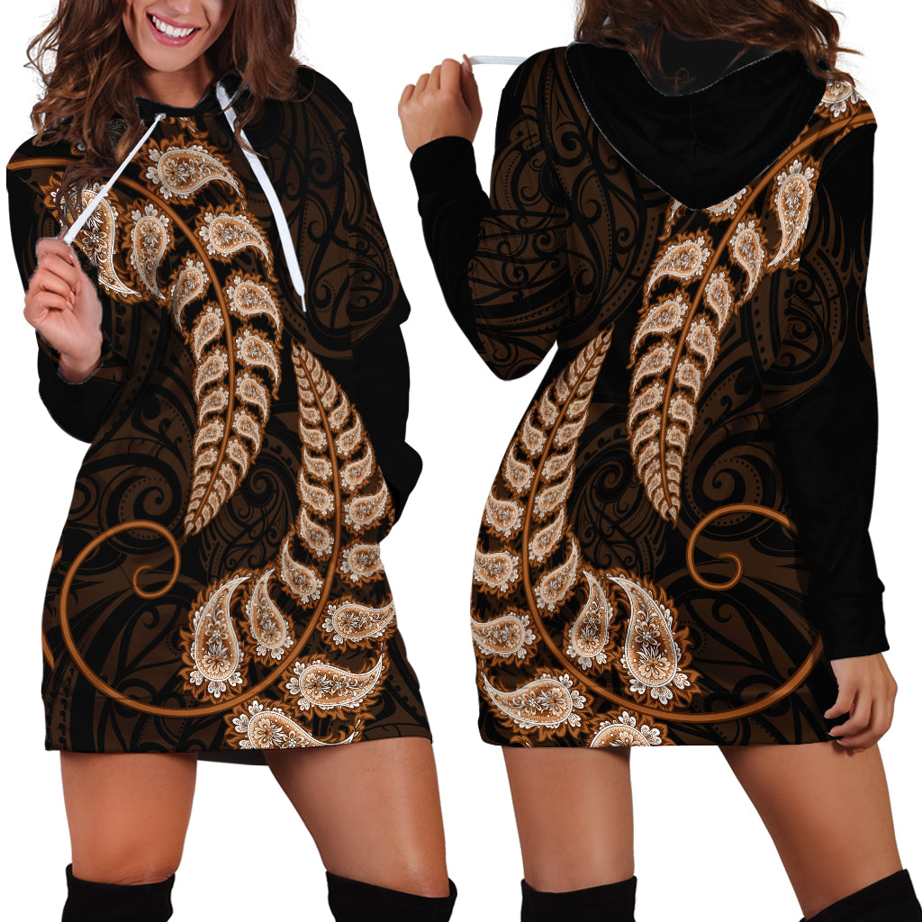 Brown New Zealand Paisley Silver Fern Hoodie Dress Aotearoa Maori - Vibe Hoodie Shop