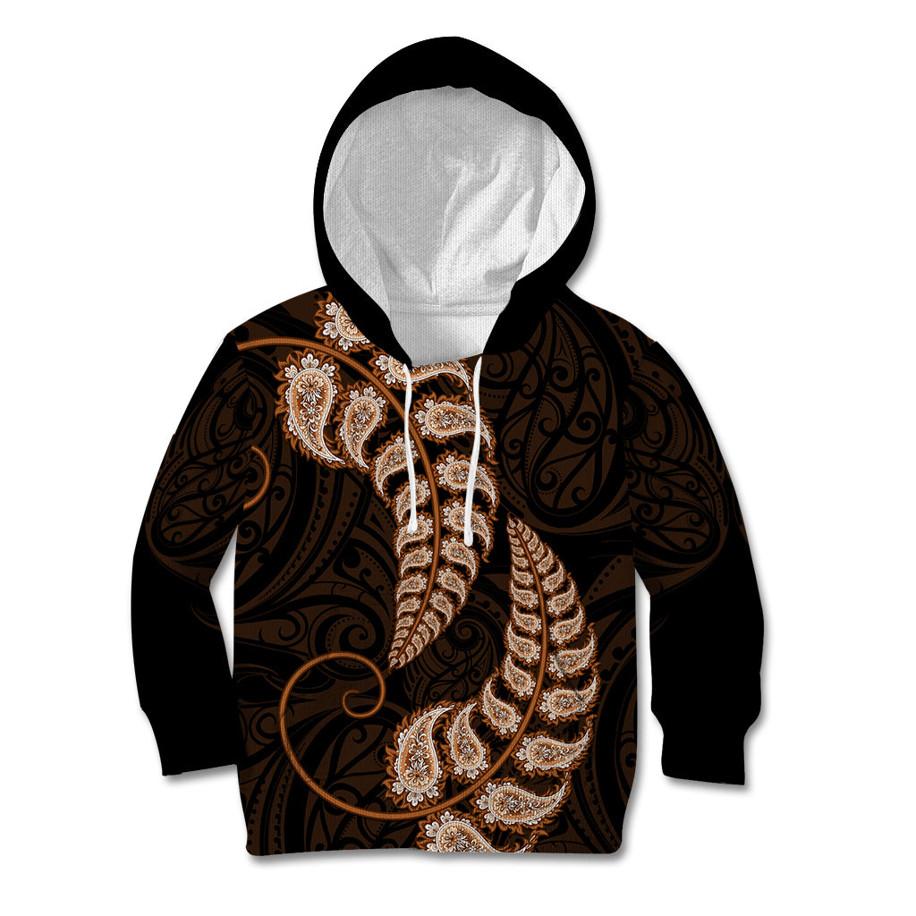 Brown New Zealand Paisley Silver Fern Kid Hoodie Aotearoa Maori - Vibe Hoodie Shop