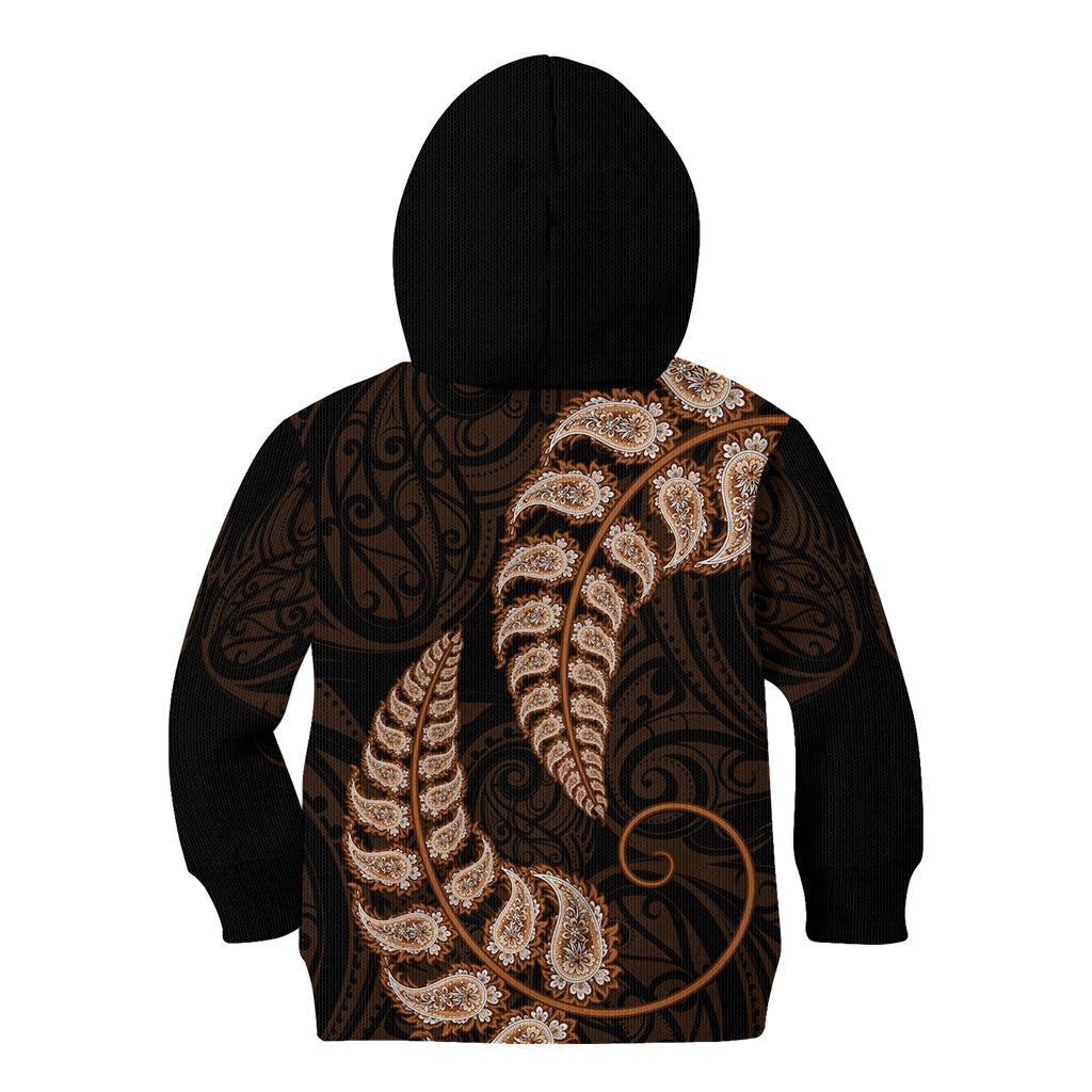 Brown New Zealand Paisley Silver Fern Kid Hoodie Aotearoa Maori - Vibe Hoodie Shop