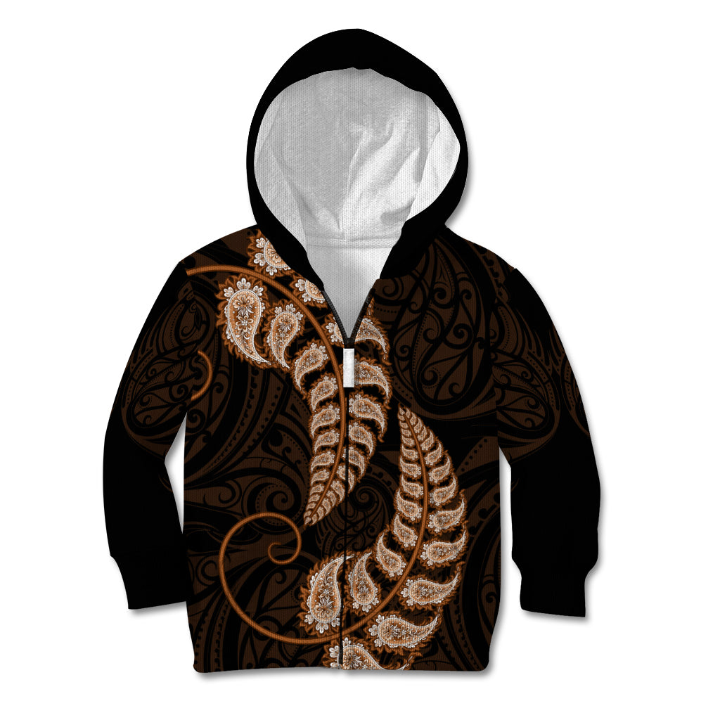 Brown New Zealand Paisley Silver Fern Kid Hoodie Aotearoa Maori - Vibe Hoodie Shop