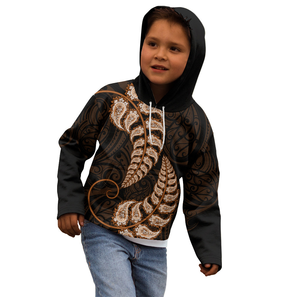 Brown New Zealand Paisley Silver Fern Kid Hoodie Aotearoa Maori - Vibe Hoodie Shop