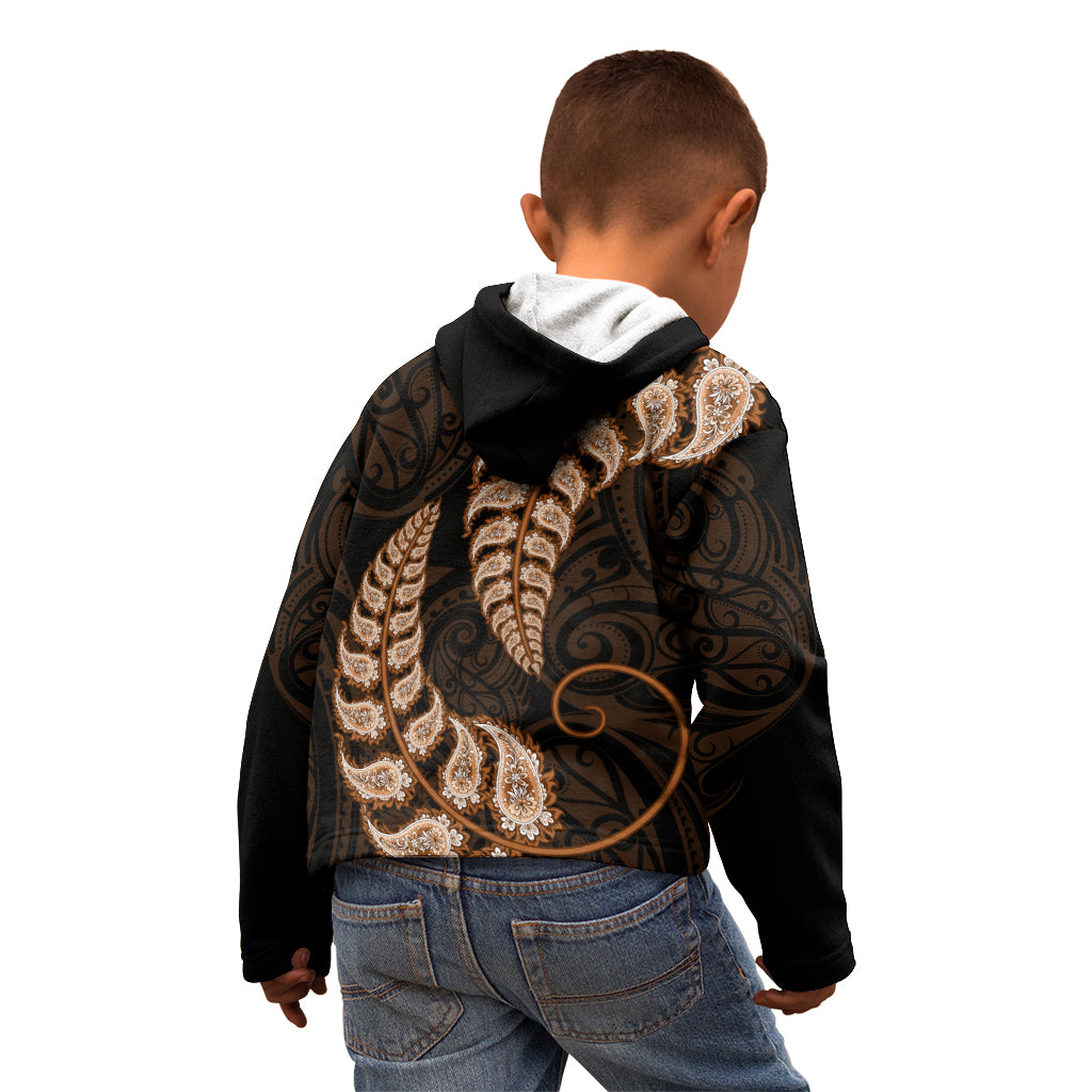 Brown New Zealand Paisley Silver Fern Kid Hoodie Aotearoa Maori - Vibe Hoodie Shop