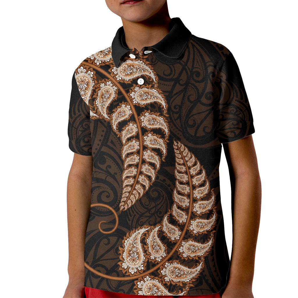 Brown New Zealand Paisley Silver Fern Kid Polo Shirt Aotearoa Maori - Vibe Hoodie Shop