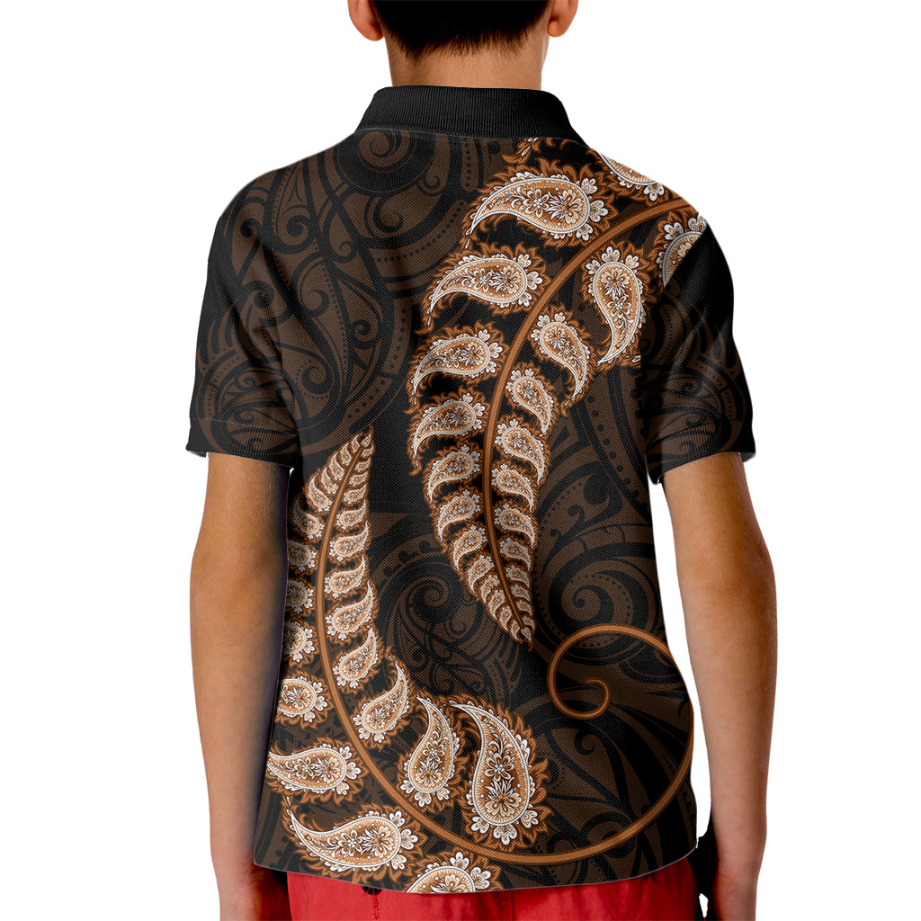 Brown New Zealand Paisley Silver Fern Kid Polo Shirt Aotearoa Maori - Vibe Hoodie Shop