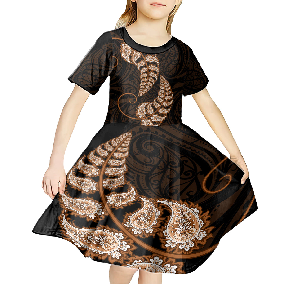 Brown New Zealand Paisley Silver Fern Kid Short Sleeve Dress Aotearoa Maori - Vibe Hoodie Shop