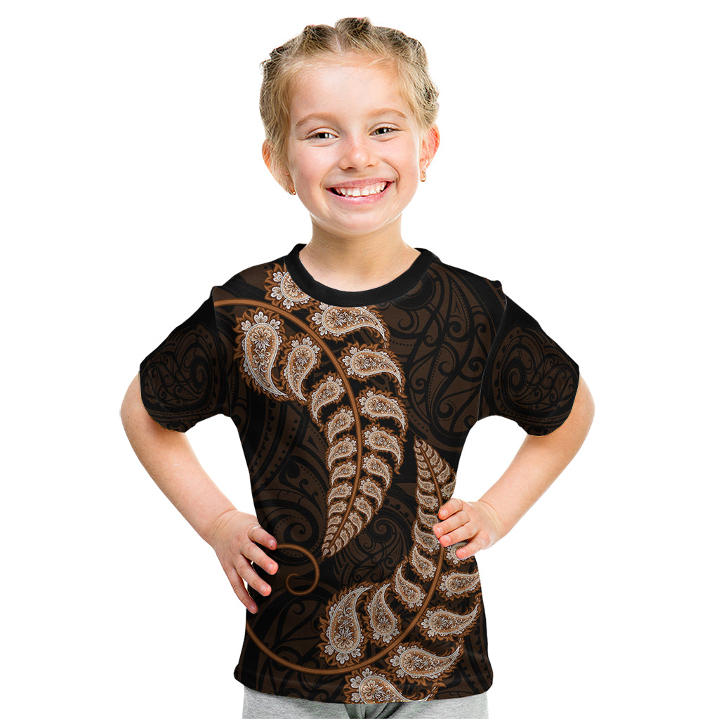 Brown New Zealand Paisley Silver Fern Kid T Shirt Aotearoa Maori - Vibe Hoodie Shop