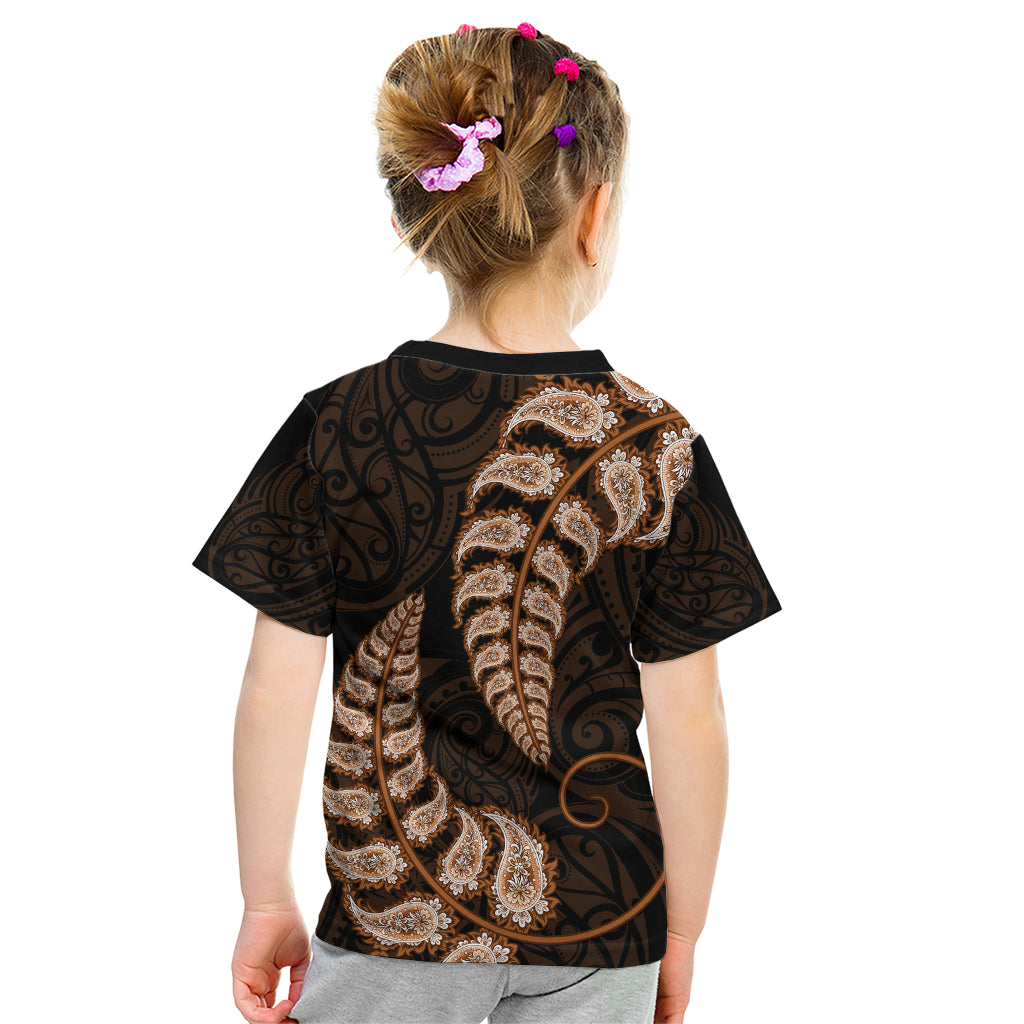 Brown New Zealand Paisley Silver Fern Kid T Shirt Aotearoa Maori - Vibe Hoodie Shop