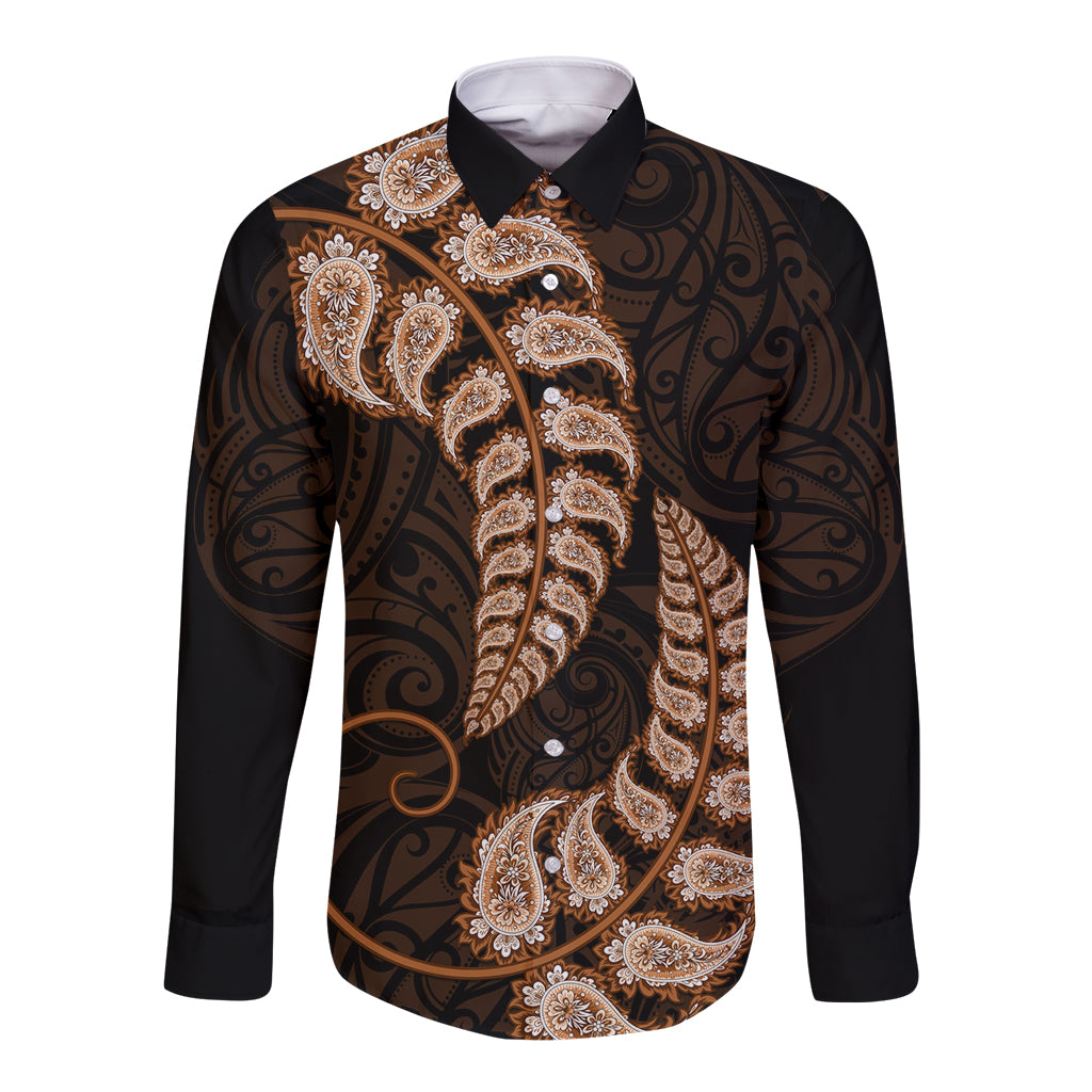 Brown New Zealand Paisley Silver Fern Long Sleeve Button Shirt Aotearoa Maori - Vibe Hoodie Shop