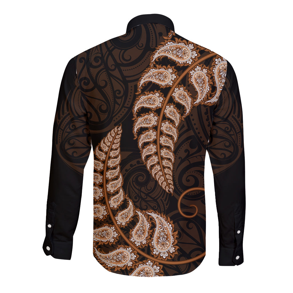 Brown New Zealand Paisley Silver Fern Long Sleeve Button Shirt Aotearoa Maori - Vibe Hoodie Shop