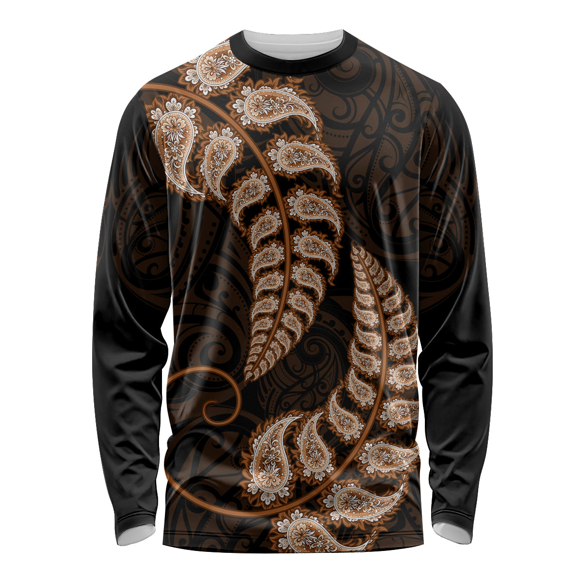 Brown New Zealand Paisley Silver Fern Long Sleeve Shirt Aotearoa Maori - Vibe Hoodie Shop