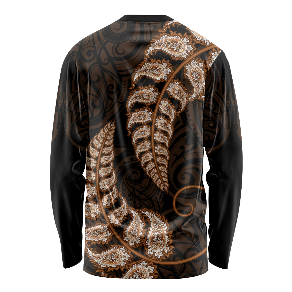 Brown New Zealand Paisley Silver Fern Long Sleeve Shirt Aotearoa Maori - Vibe Hoodie Shop