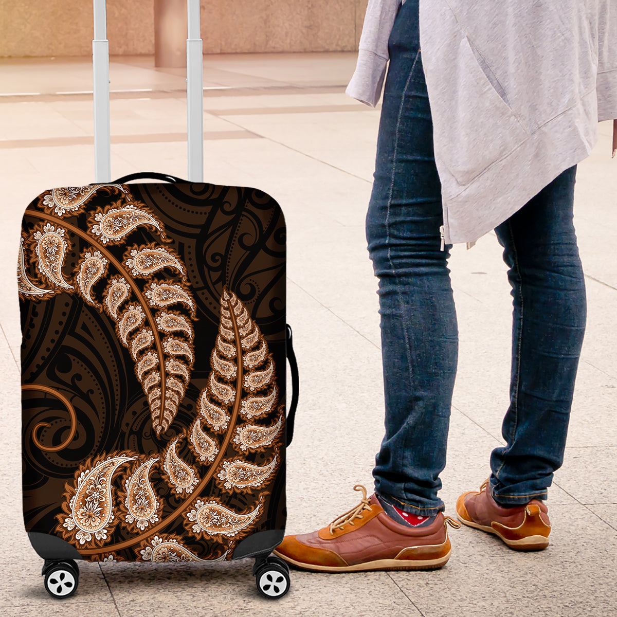 Brown New Zealand Paisley Silver Fern Luggage Cover Aotearoa Maori - Vibe Hoodie Shop