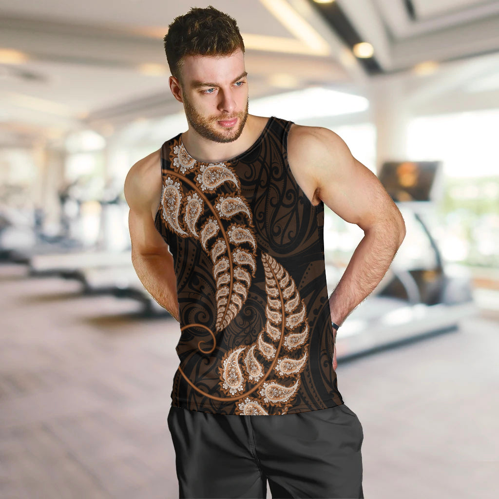 Brown New Zealand Paisley Silver Fern Men Tank Top Aotearoa Maori - Vibe Hoodie Shop