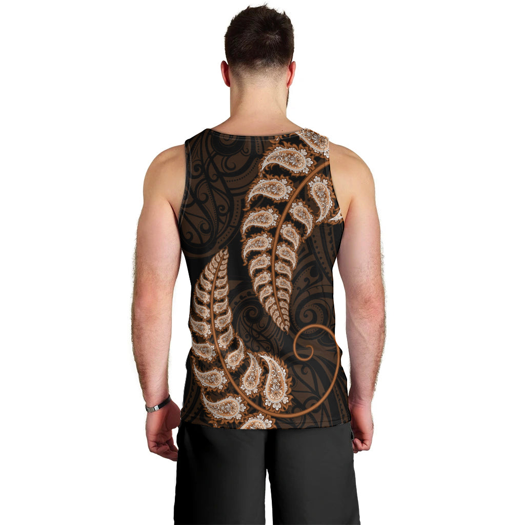 Brown New Zealand Paisley Silver Fern Men Tank Top Aotearoa Maori - Vibe Hoodie Shop