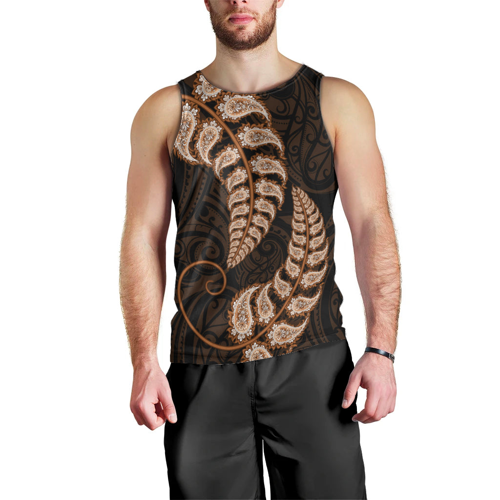 Brown New Zealand Paisley Silver Fern Men Tank Top Aotearoa Maori - Vibe Hoodie Shop