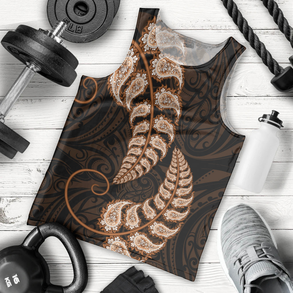 Brown New Zealand Paisley Silver Fern Men Tank Top Aotearoa Maori - Vibe Hoodie Shop