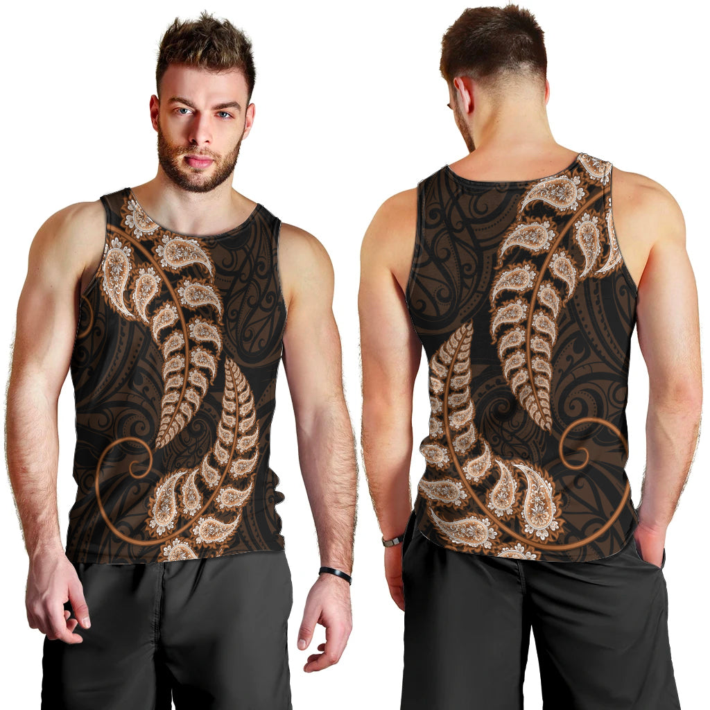 Brown New Zealand Paisley Silver Fern Men Tank Top Aotearoa Maori - Vibe Hoodie Shop