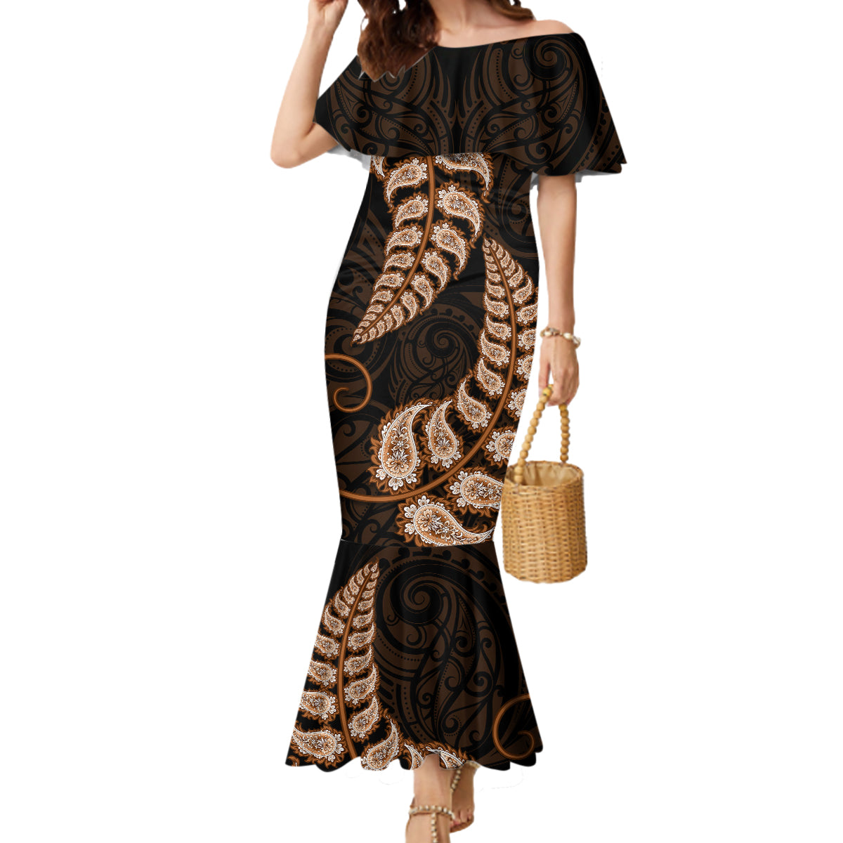 brown-new-zealand-paisley-silver-fern-mermaid-dress-aotearoa-maori