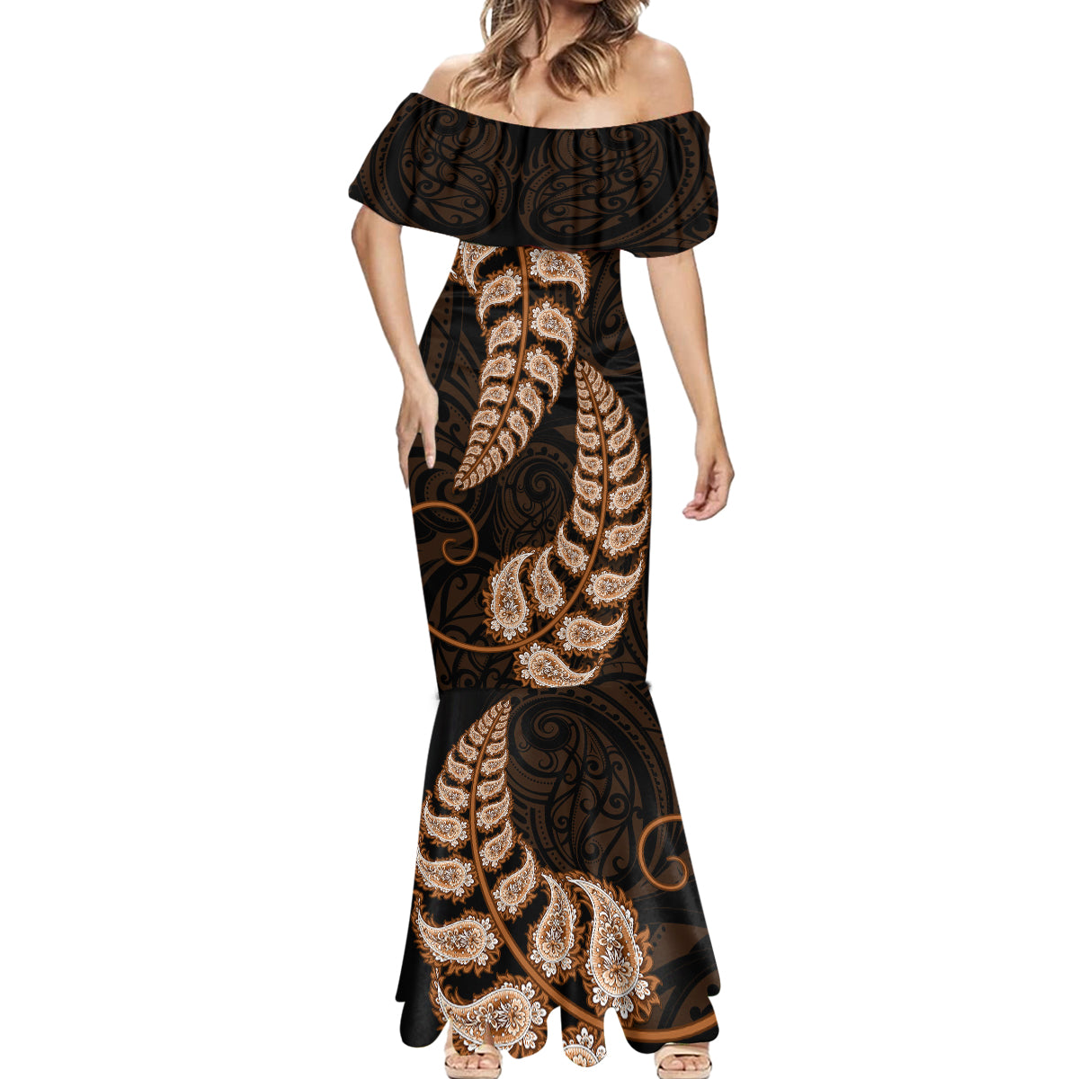 brown-new-zealand-paisley-silver-fern-mermaid-dress-aotearoa-maori