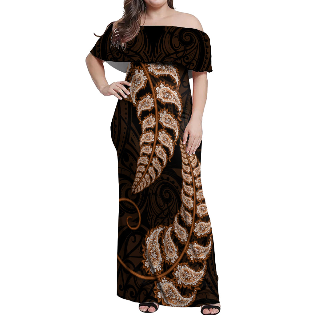 brown-new-zealand-paisley-silver-fern-off-shoulder-maxi-dress-aotearoa-maori