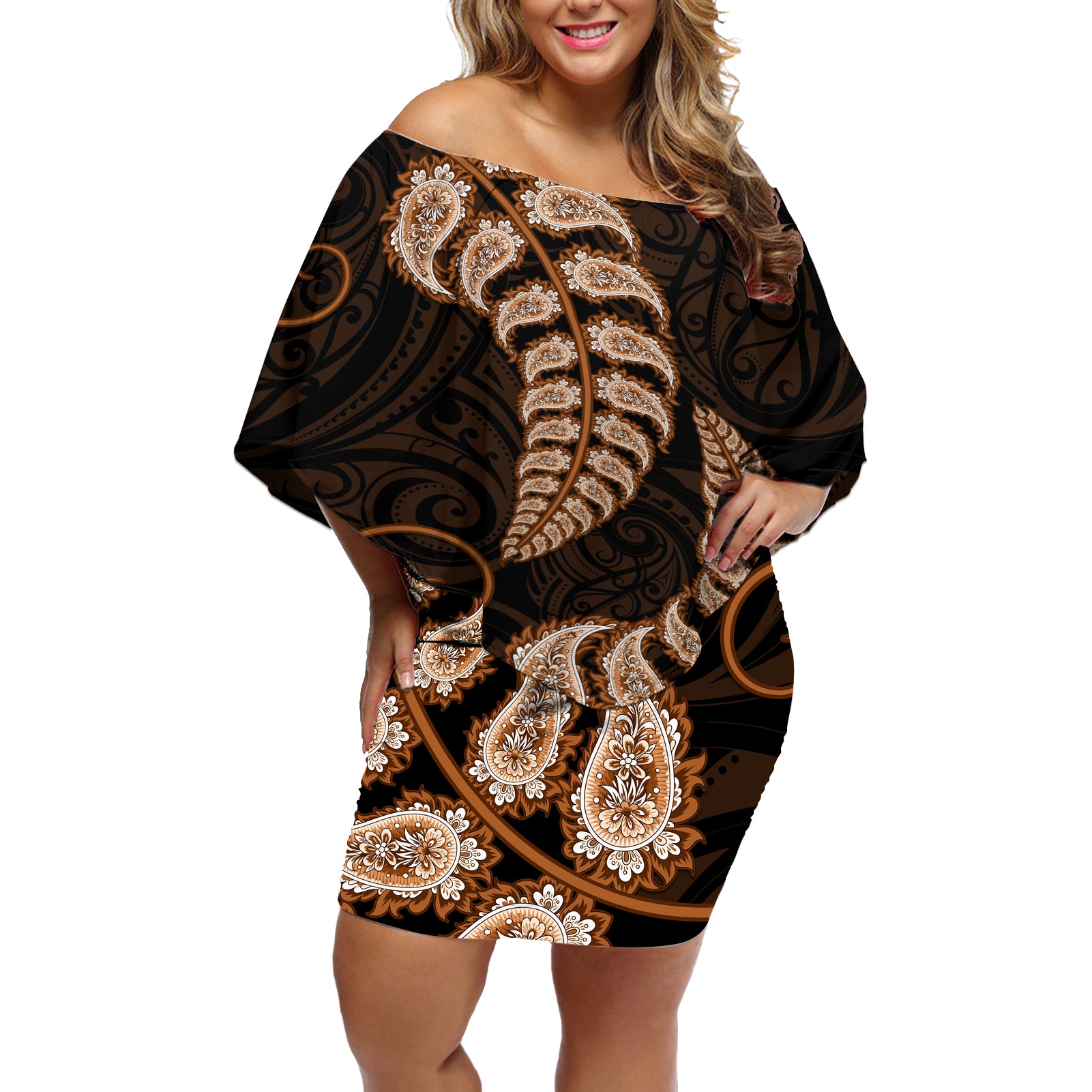 brown-new-zealand-paisley-silver-fern-off-shoulder-short-dress-aotearoa-maori