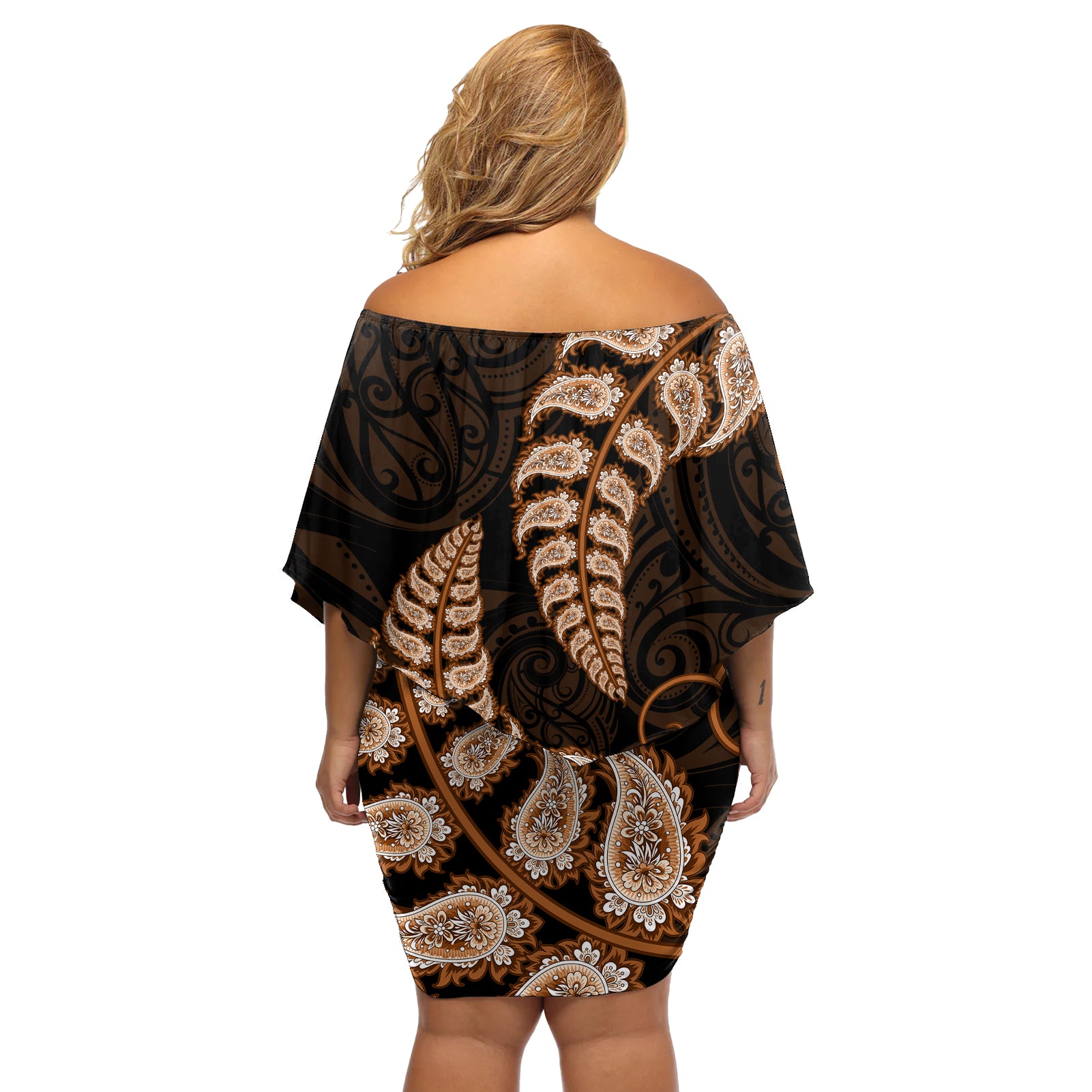 brown-new-zealand-paisley-silver-fern-off-shoulder-short-dress-aotearoa-maori