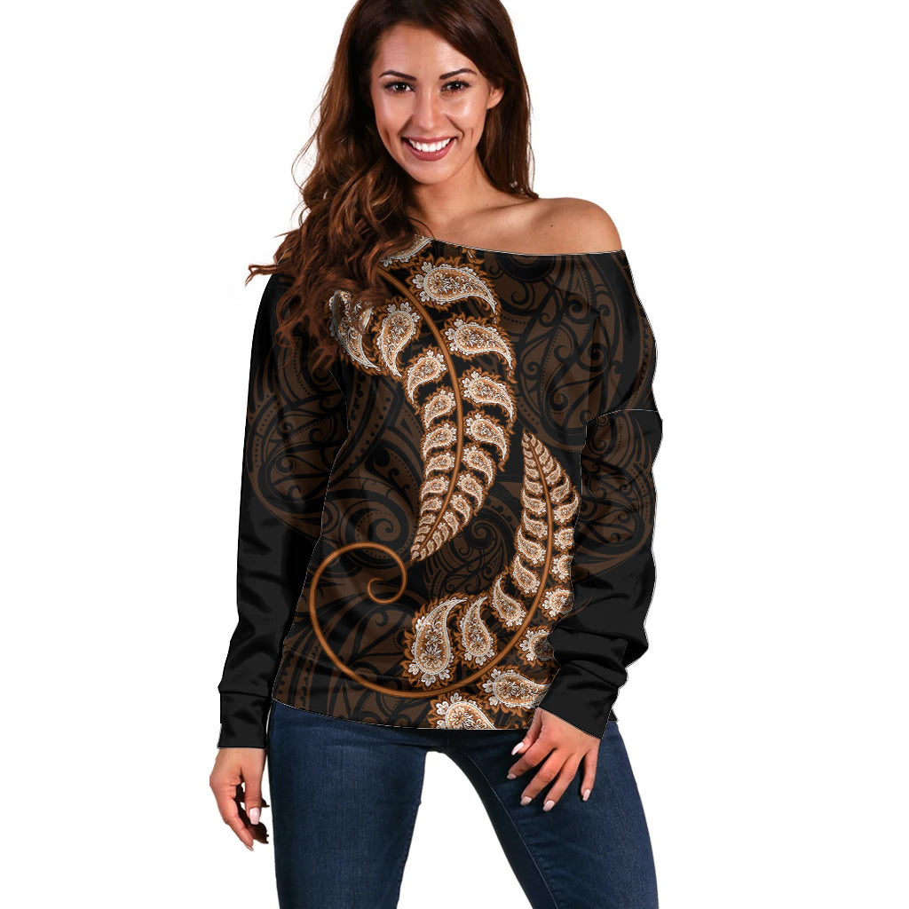 Brown New Zealand Paisley Silver Fern Off Shoulder Sweater Aotearoa Maori - Vibe Hoodie Shop