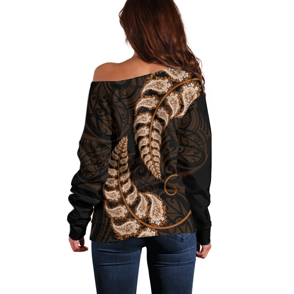 Brown New Zealand Paisley Silver Fern Off Shoulder Sweater Aotearoa Maori - Vibe Hoodie Shop